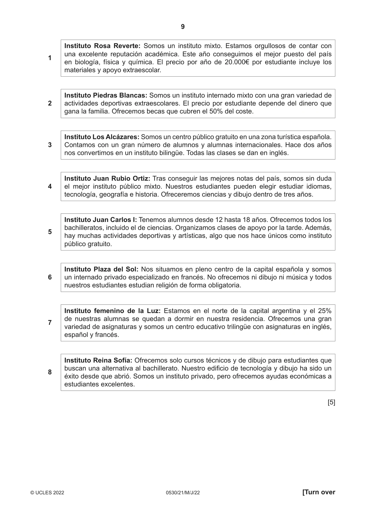 Cambridge IGCSE Spanish - Foreign Language 0530 2022 May/June Paper 2 · Variant 1 question paper, page 9 of 12