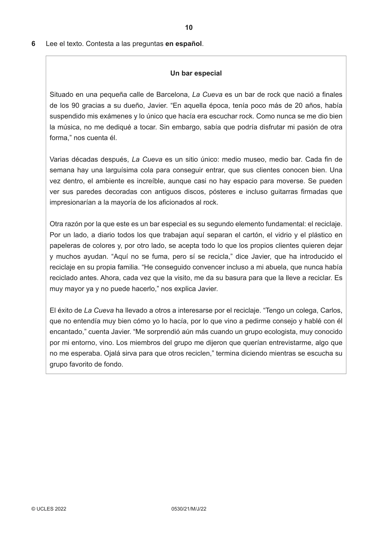 Cambridge IGCSE Spanish - Foreign Language 0530 2022 May/June Paper 2 · Variant 1 question paper, page 10 of 12