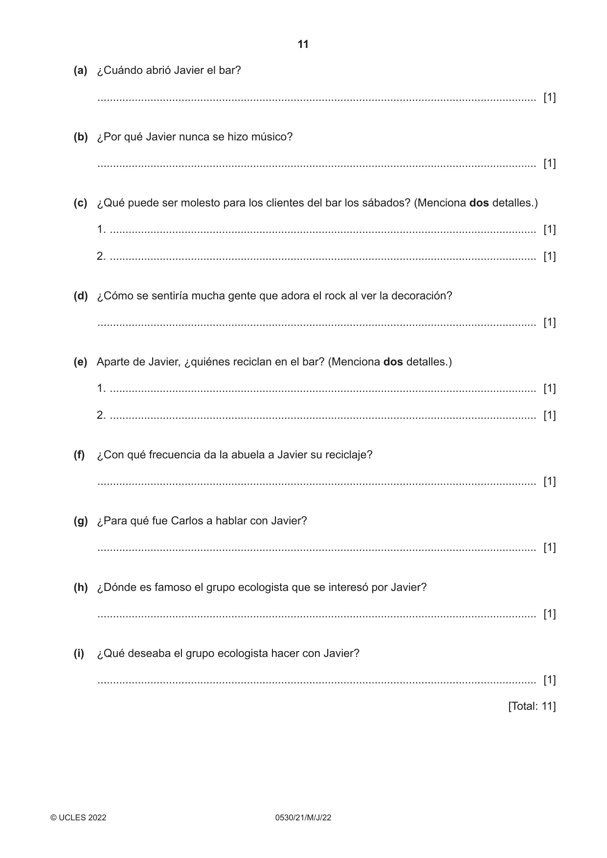 Cambridge IGCSE Spanish - Foreign Language 0530 2022 May/June Paper 2 · Variant 1 question paper, page 11 of 12
