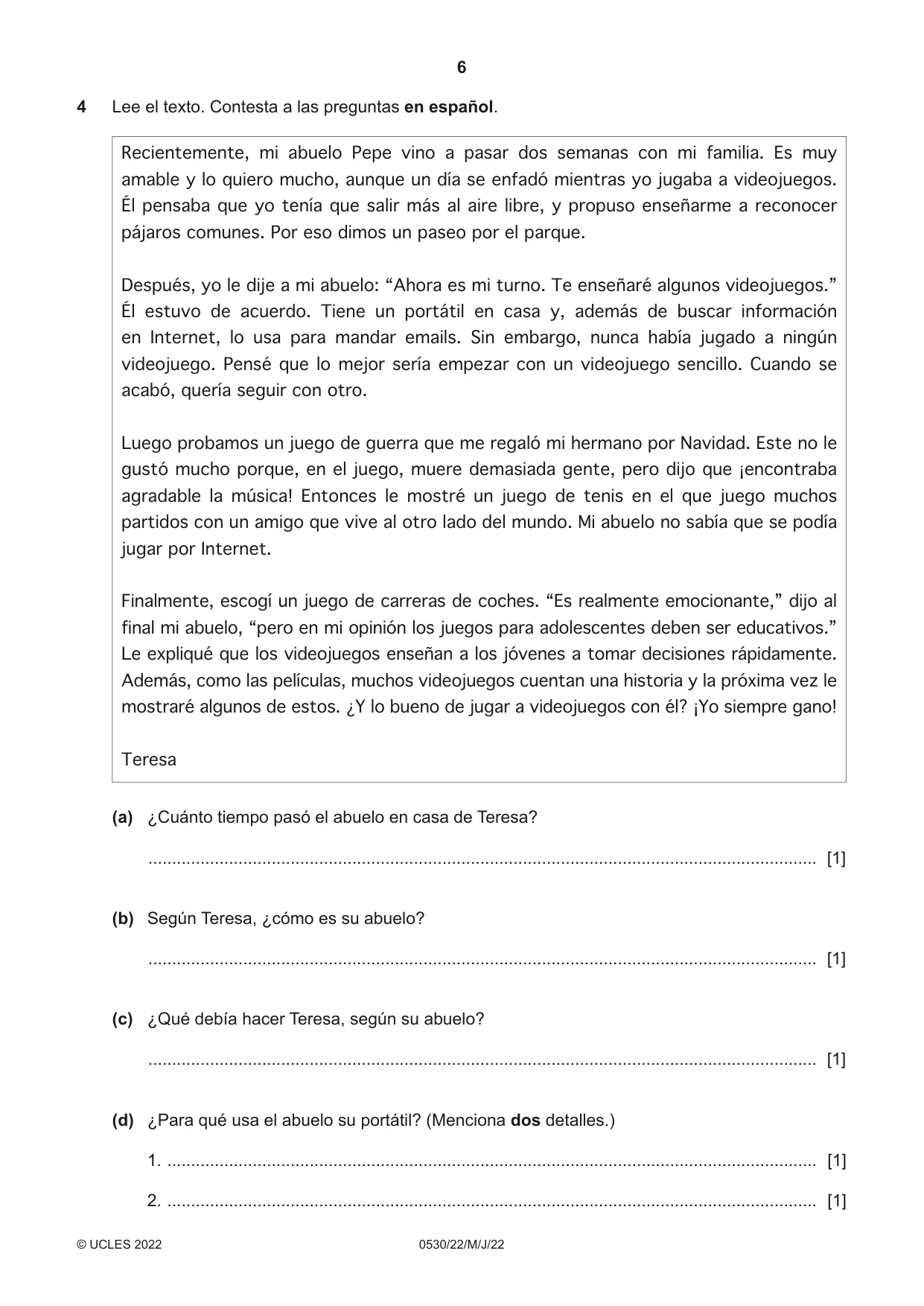 Cambridge IGCSE Spanish - Foreign Language 0530 2022 May/June Paper 2 · Variant 2 question paper, page 6 of 12