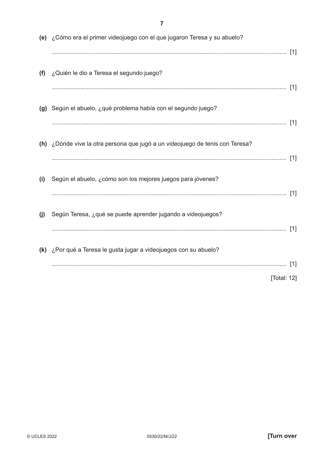Cambridge IGCSE Spanish - Foreign Language 0530 2022 May/June Paper 2 · Variant 2 question paper, page 7 of 12