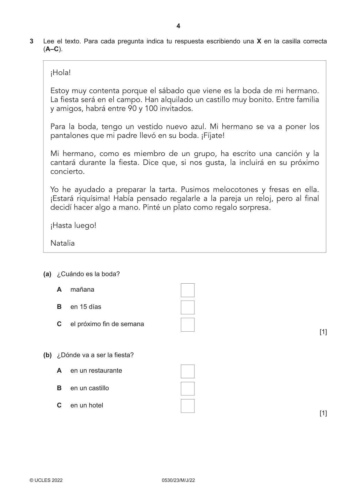 Cambridge IGCSE Spanish - Foreign Language 0530 2022 May/June Paper 2 · Variant 3 question paper, page 4 of 12