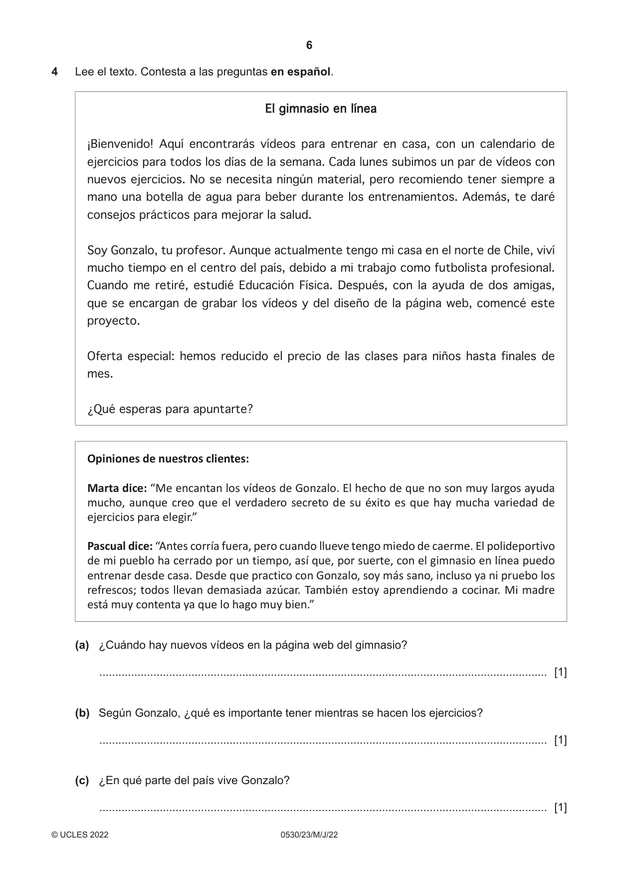 Cambridge IGCSE Spanish - Foreign Language 0530 2022 May/June Paper 2 · Variant 3 question paper, page 6 of 12