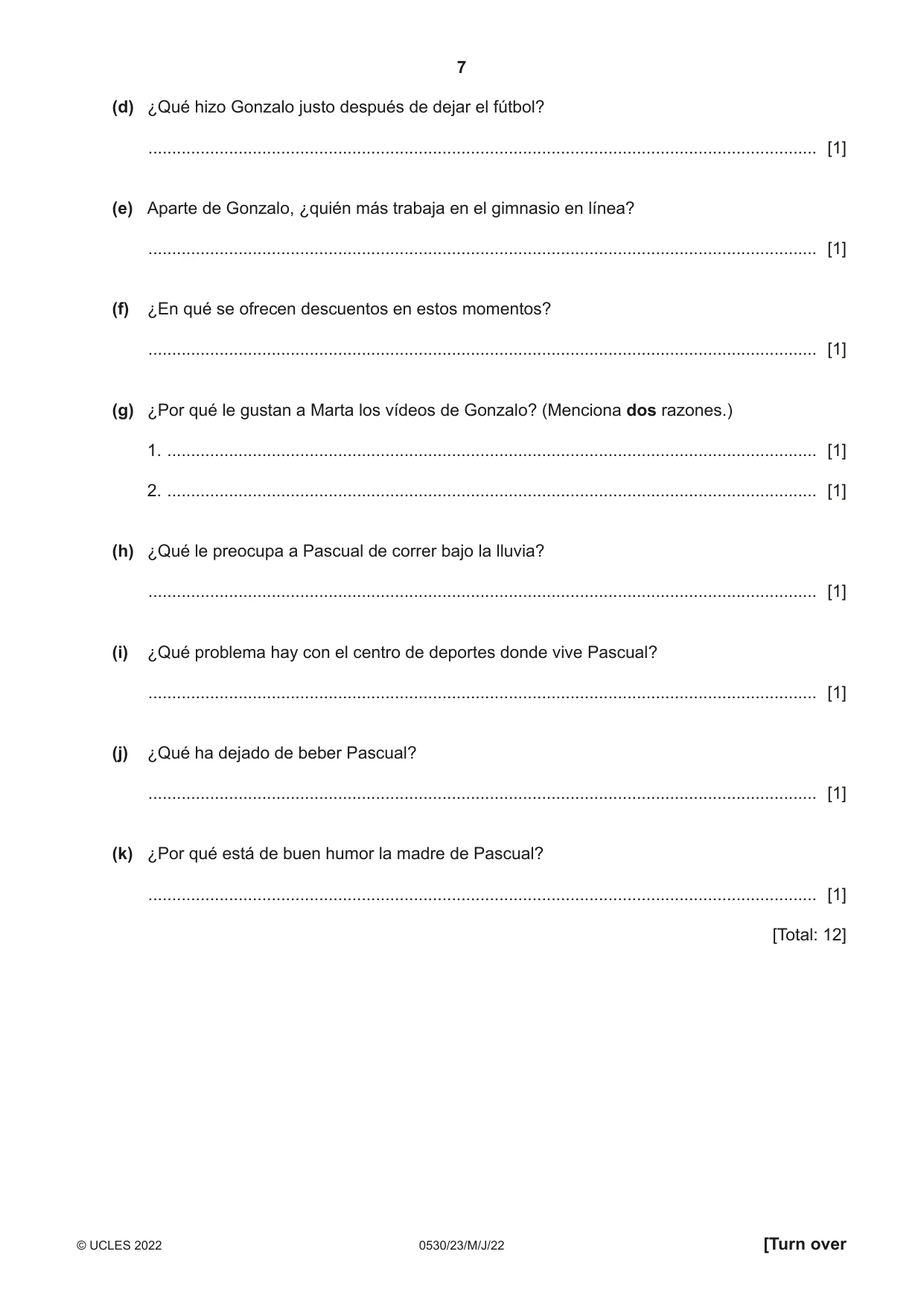 Cambridge IGCSE Spanish - Foreign Language 0530 2022 May/June Paper 2 · Variant 3 question paper, page 7 of 12