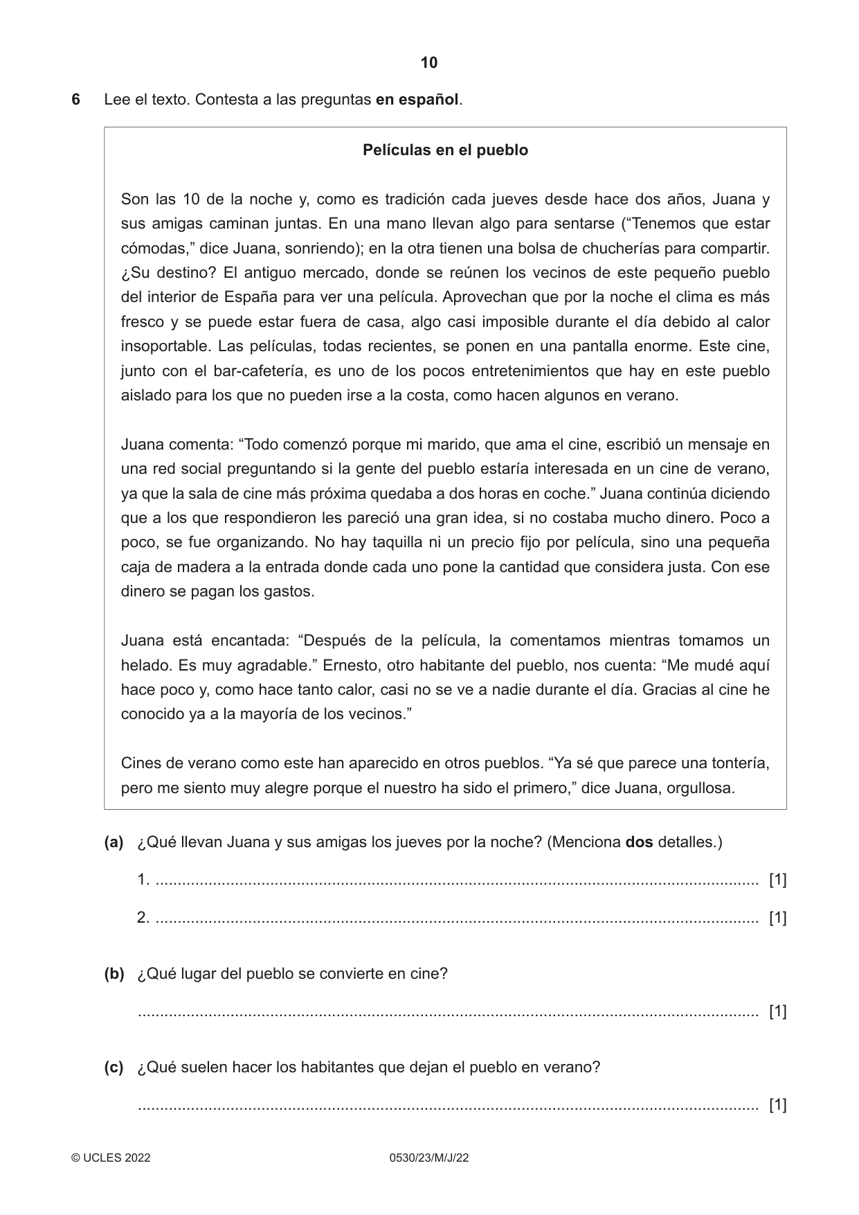 Cambridge IGCSE Spanish - Foreign Language 0530 2022 May/June Paper 2 · Variant 3 question paper, page 10 of 12