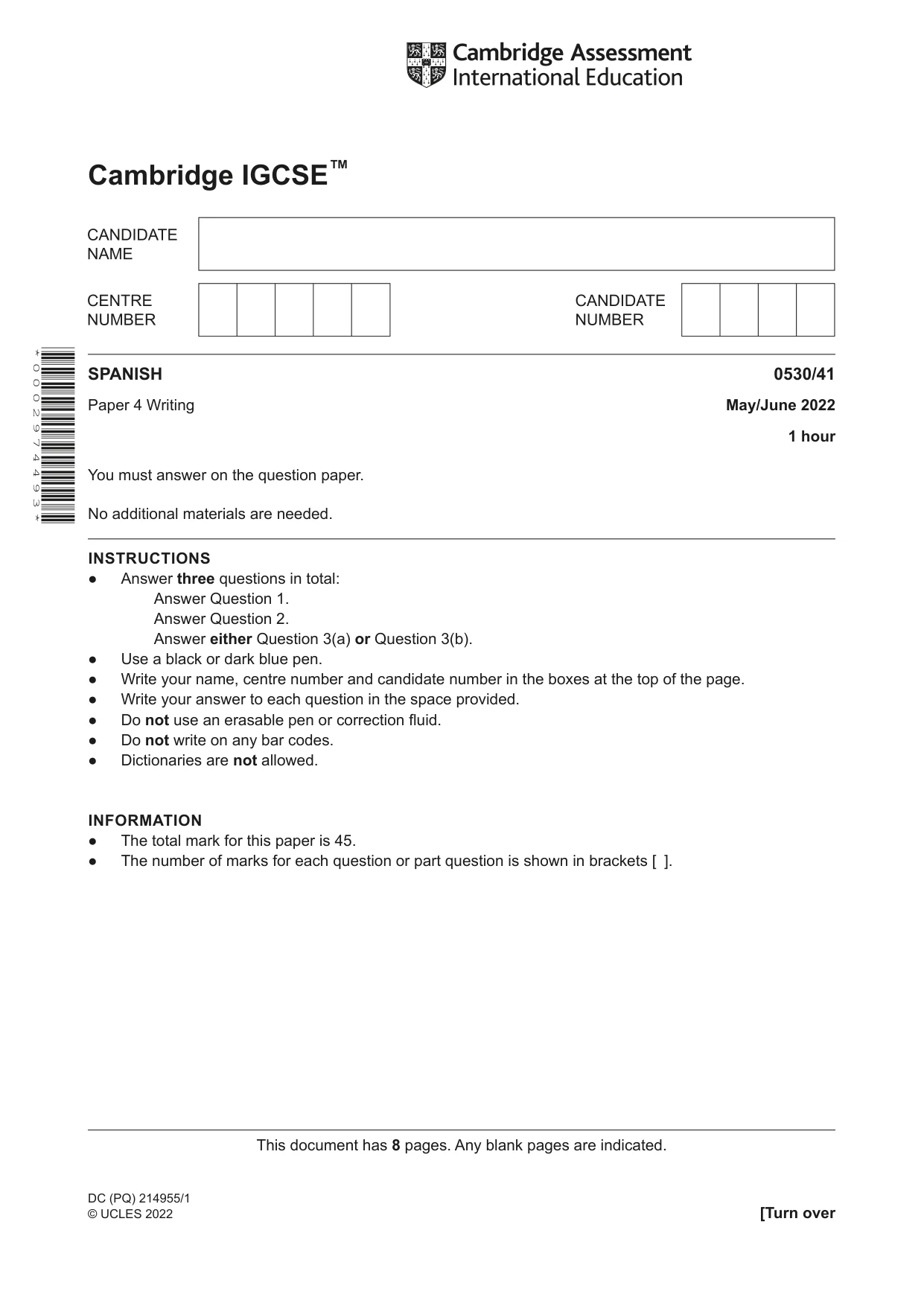 Cambridge IGCSE Spanish - Foreign Language 0530 2022 May/June Paper 4 · Variant 1 question paper, page 1 of 8