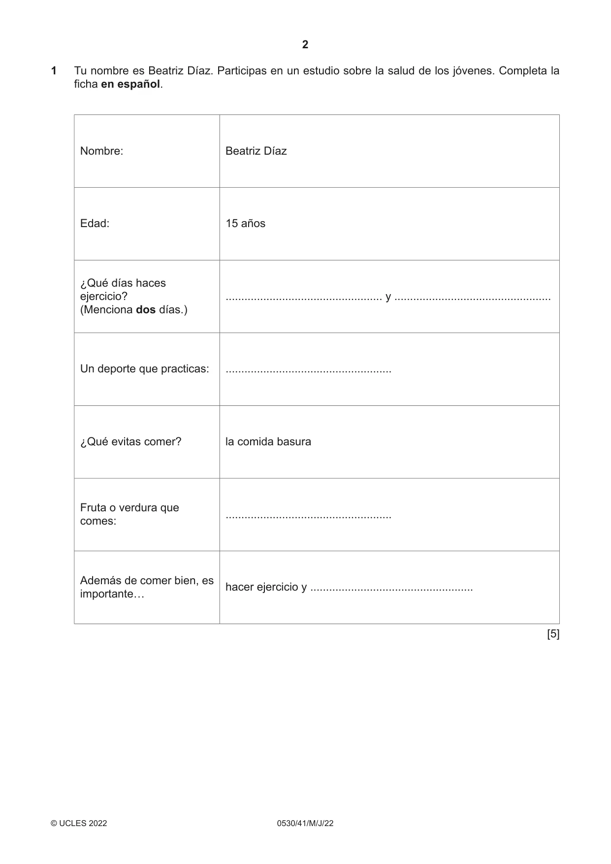 Cambridge IGCSE Spanish - Foreign Language 0530 2022 May/June Paper 4 · Variant 1 question paper, page 2 of 8