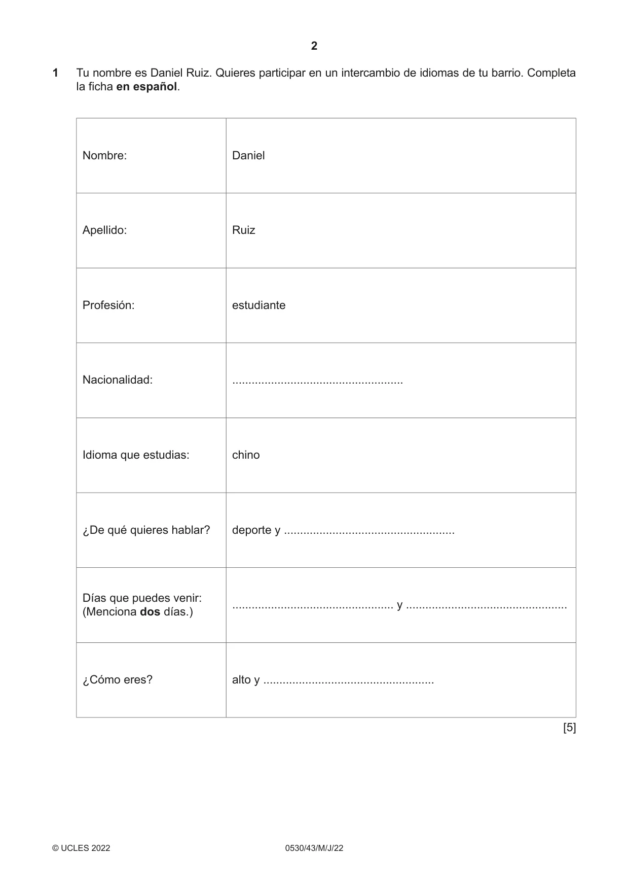 Cambridge IGCSE Spanish - Foreign Language 0530 2022 May/June Paper 4 · Variant 3 question paper, page 2 of 8