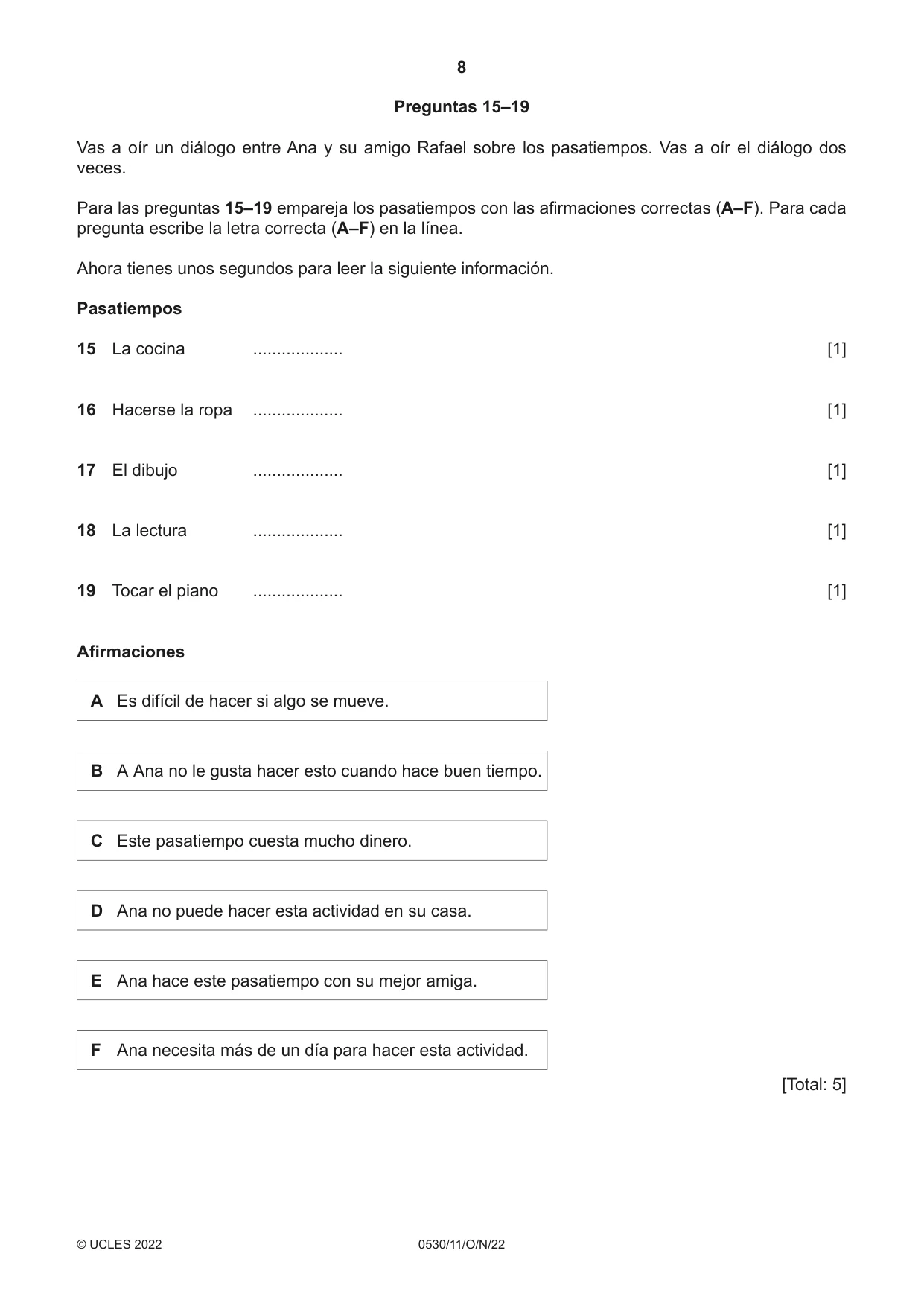 Cambridge IGCSE Spanish - Foreign Language 0530 2022 Oct/Nov Paper 1 · Variant 1 question paper, page 8 of 16