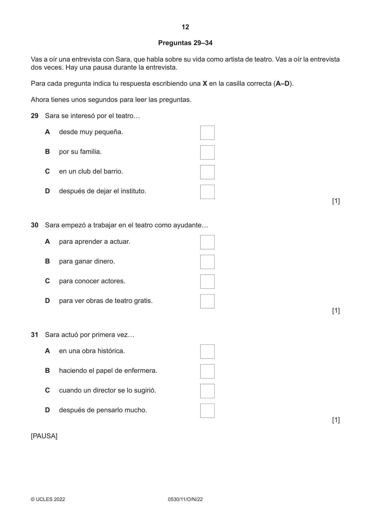 Cambridge IGCSE Spanish - Foreign Language 0530 2022 Oct/Nov Paper 1 · Variant 1 question paper, page 12 of 16