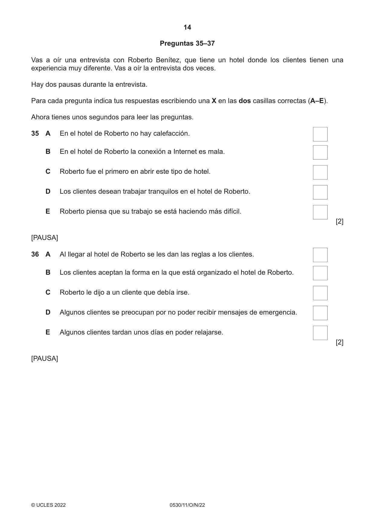 Cambridge IGCSE Spanish - Foreign Language 0530 2022 Oct/Nov Paper 1 · Variant 1 question paper, page 14 of 16