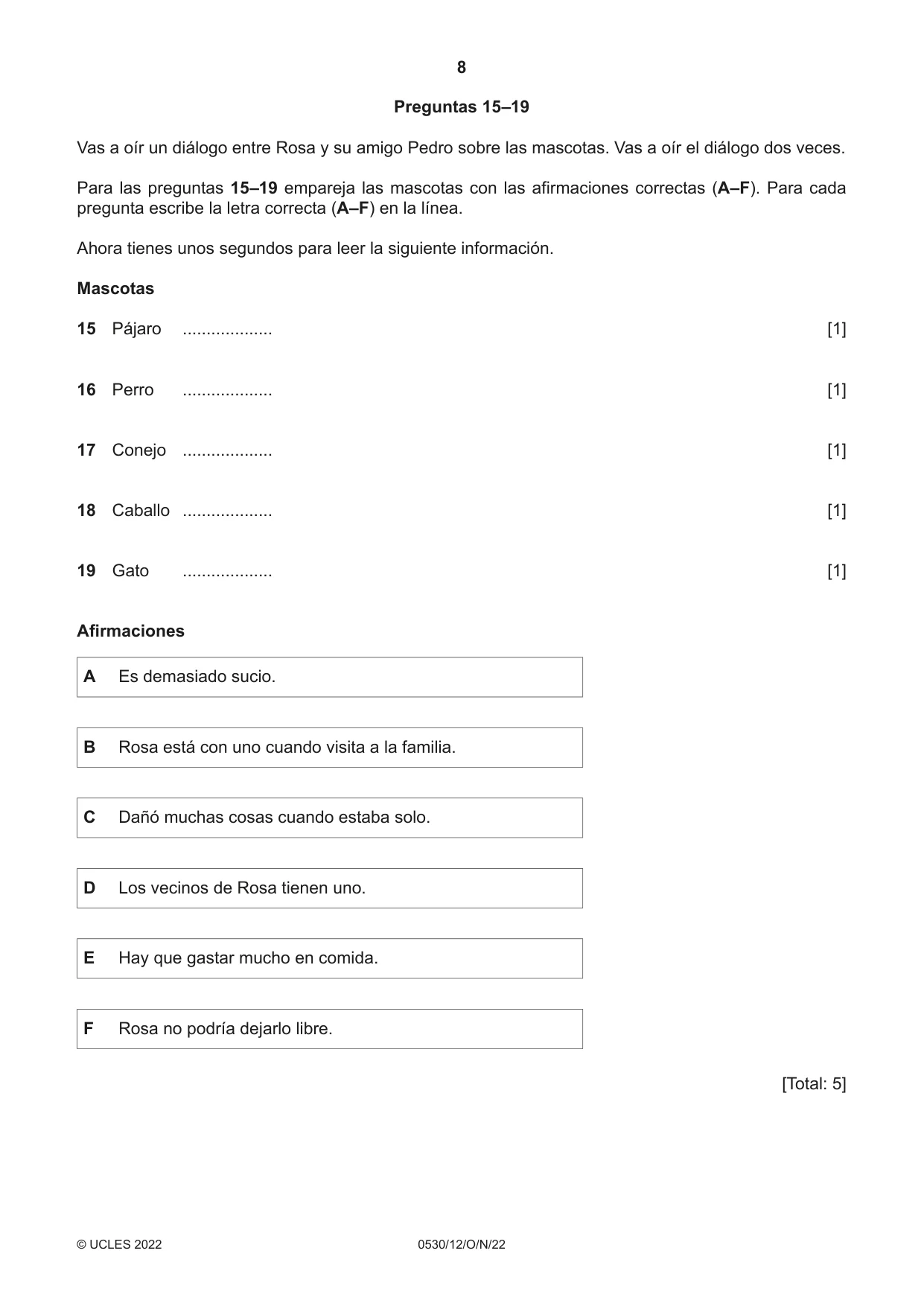 Cambridge IGCSE Spanish - Foreign Language 0530 2022 Oct/Nov Paper 1 · Variant 2 question paper, page 8 of 16