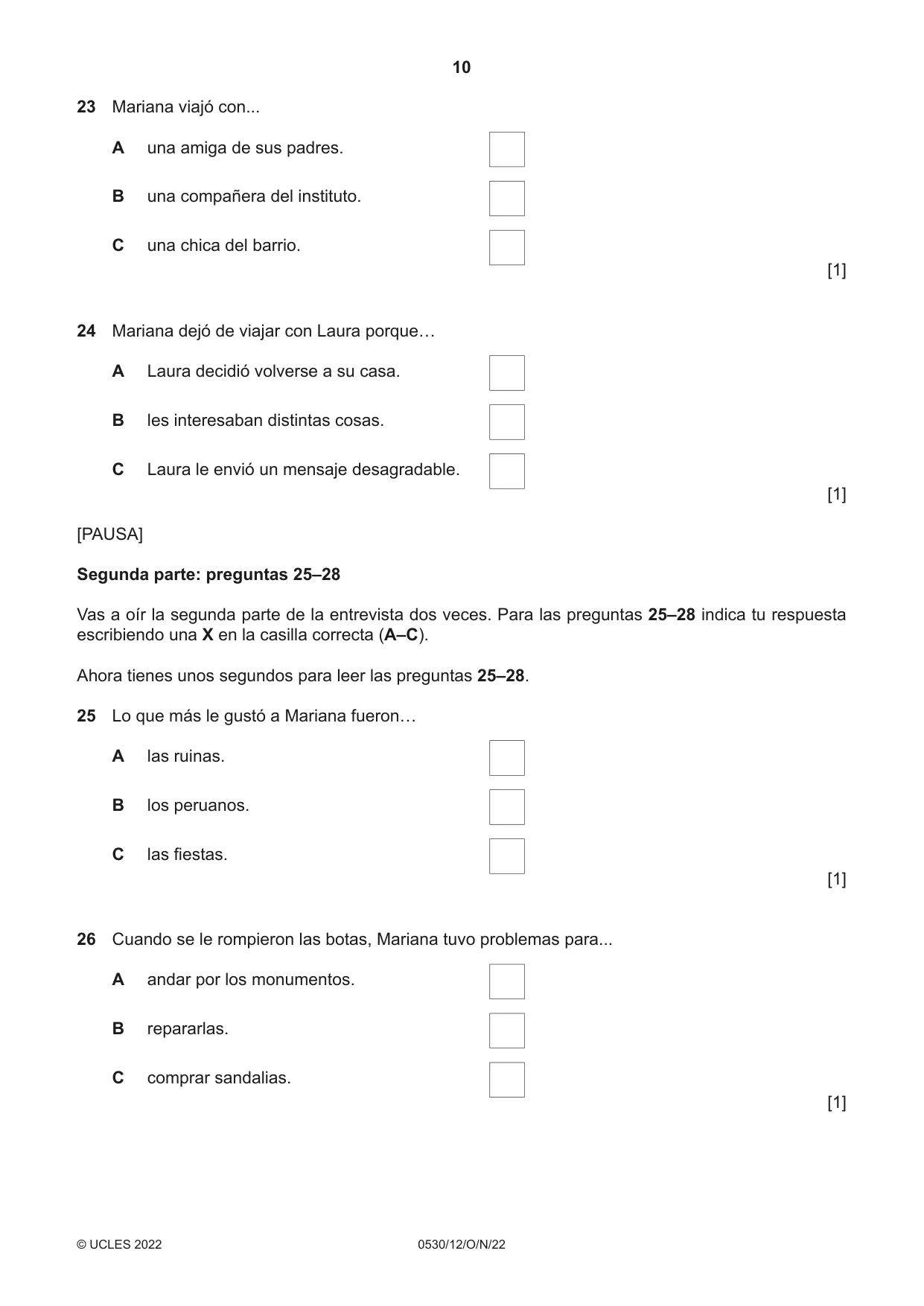 Cambridge IGCSE Spanish - Foreign Language 0530 2022 Oct/Nov Paper 1 · Variant 2 question paper, page 10 of 16