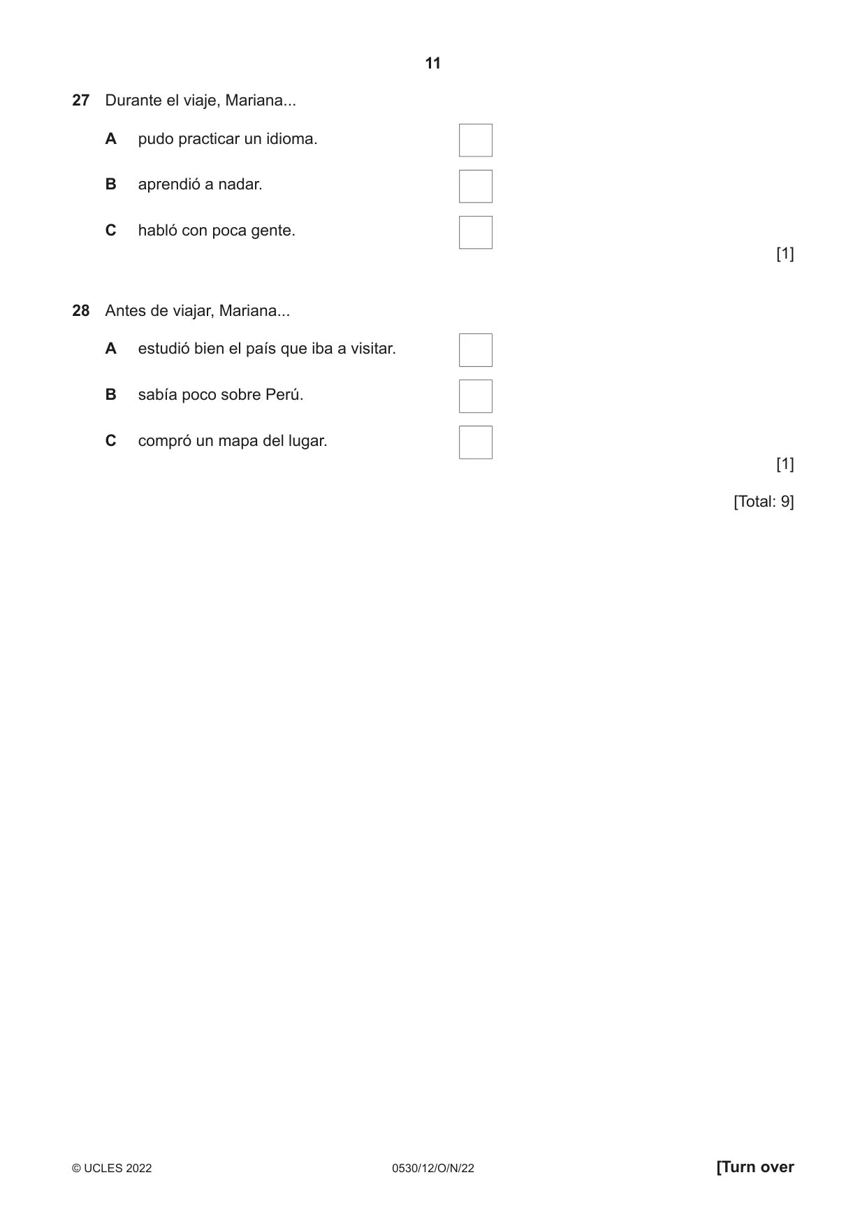Cambridge IGCSE Spanish - Foreign Language 0530 2022 Oct/Nov Paper 1 · Variant 2 question paper, page 11 of 16