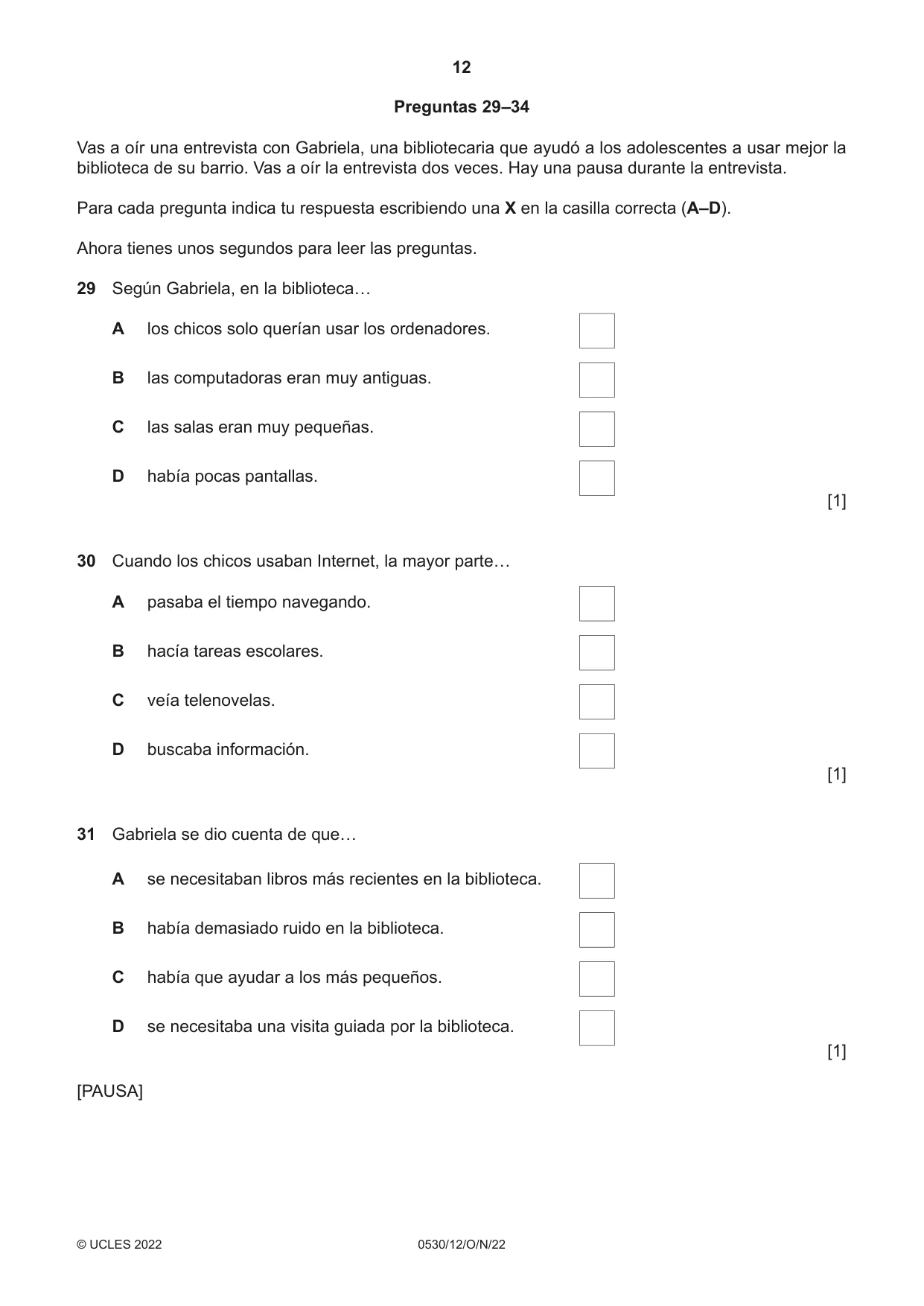Cambridge IGCSE Spanish - Foreign Language 0530 2022 Oct/Nov Paper 1 · Variant 2 question paper, page 12 of 16