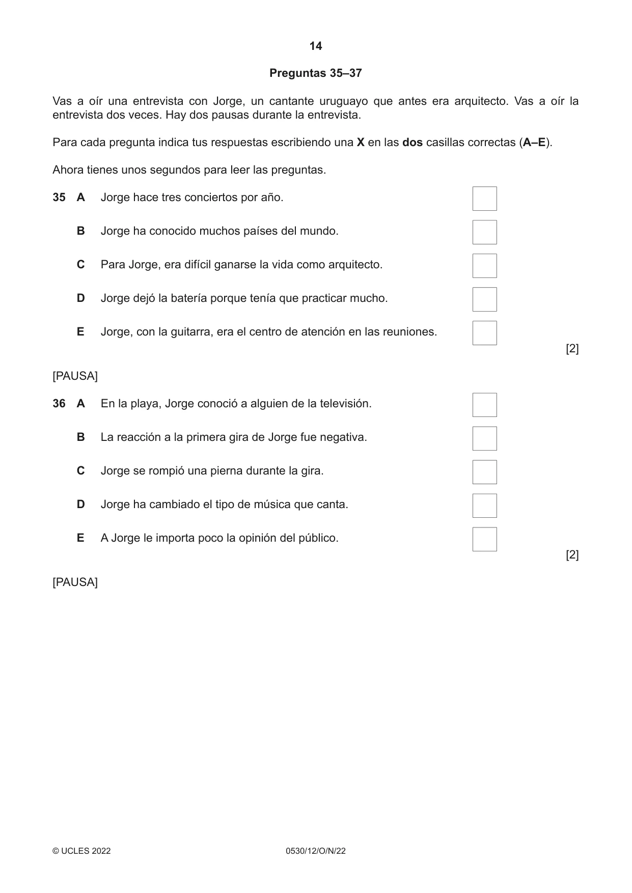 Cambridge IGCSE Spanish - Foreign Language 0530 2022 Oct/Nov Paper 1 · Variant 2 question paper, page 14 of 16
