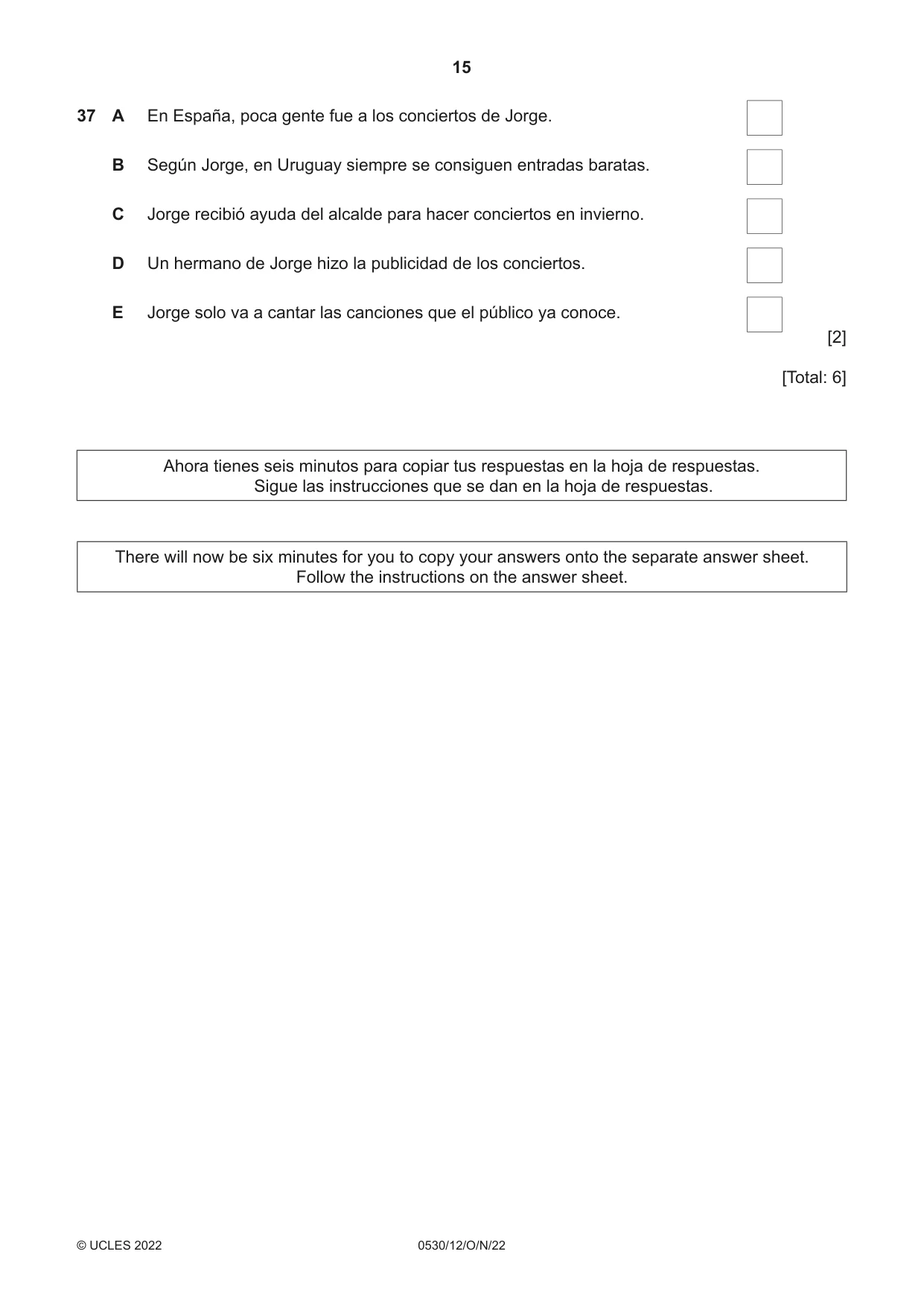 Cambridge IGCSE Spanish - Foreign Language 0530 2022 Oct/Nov Paper 1 · Variant 2 question paper, page 15 of 16