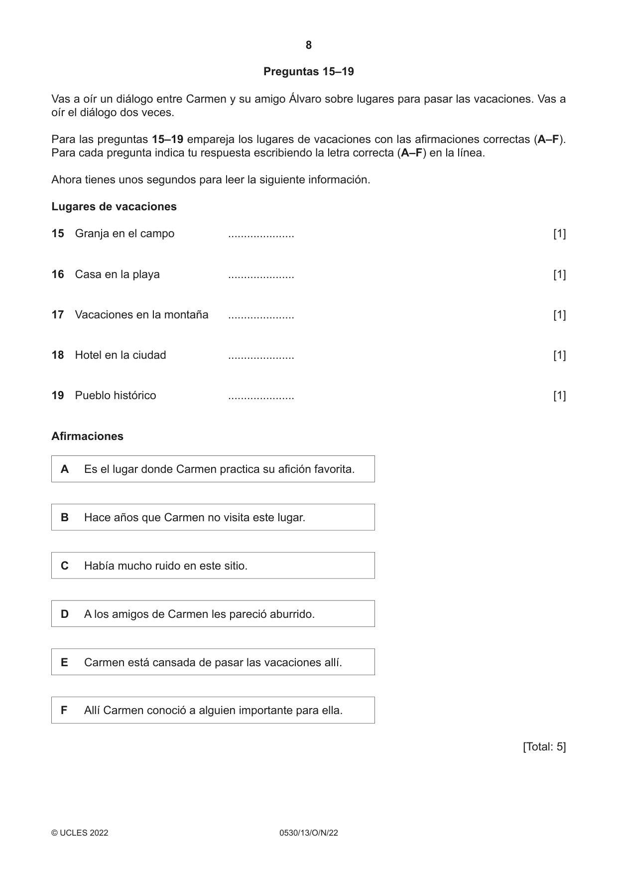 Cambridge IGCSE Spanish - Foreign Language 0530 2022 Oct/Nov Paper 1 · Variant 3 question paper, page 8 of 16