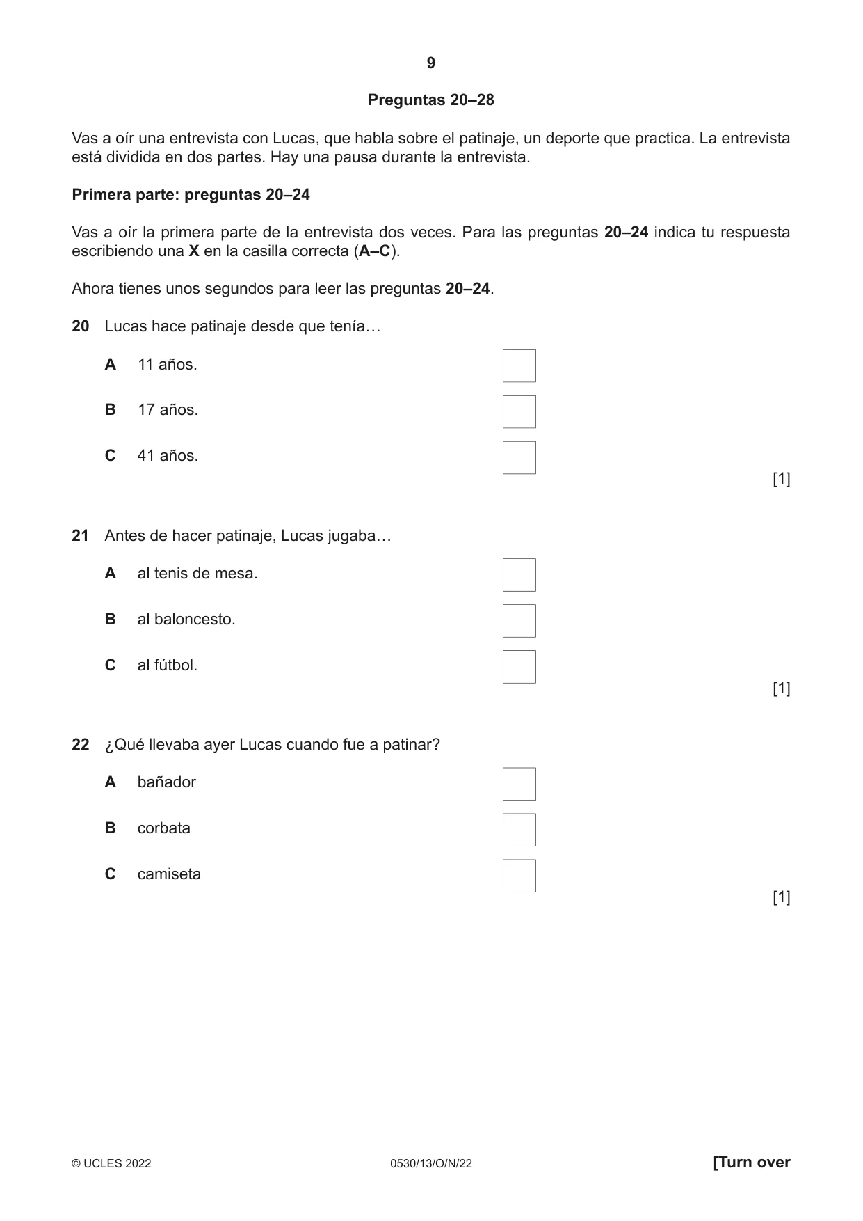 Cambridge IGCSE Spanish - Foreign Language 0530 2022 Oct/Nov Paper 1 · Variant 3 question paper, page 9 of 16