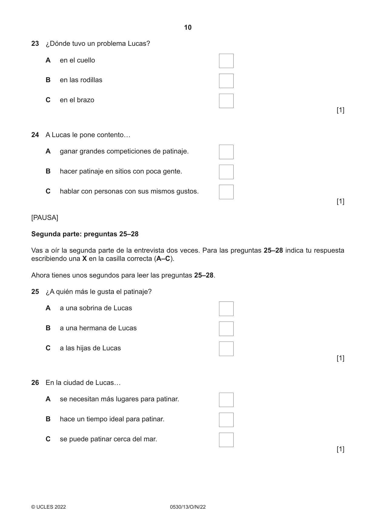 Cambridge IGCSE Spanish - Foreign Language 0530 2022 Oct/Nov Paper 1 · Variant 3 question paper, page 10 of 16