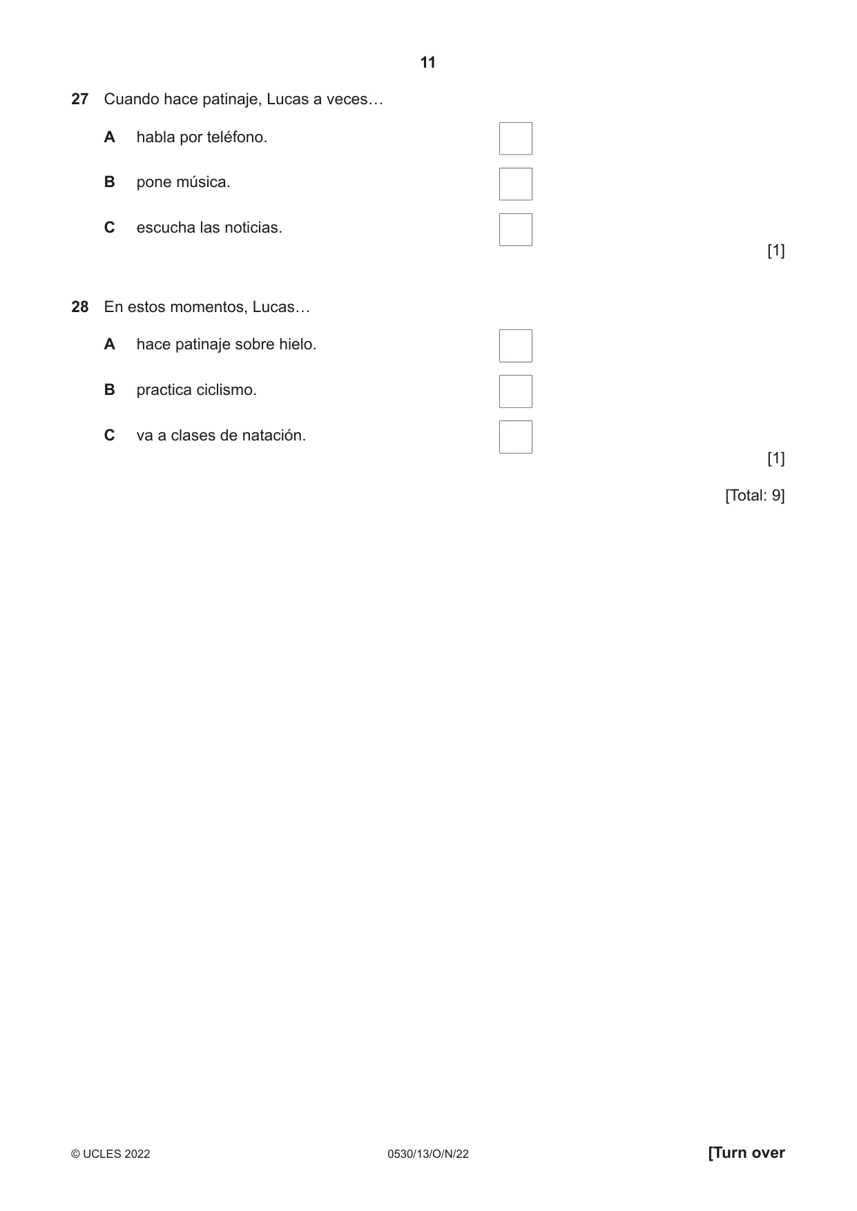 Cambridge IGCSE Spanish - Foreign Language 0530 2022 Oct/Nov Paper 1 · Variant 3 question paper, page 11 of 16