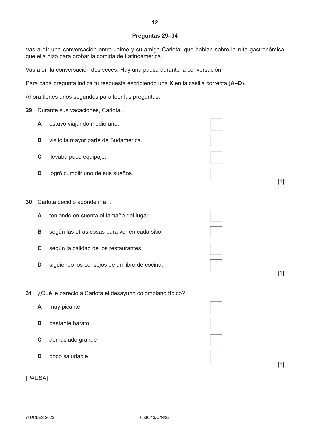 Cambridge IGCSE Spanish - Foreign Language 0530 2022 Oct/Nov Paper 1 · Variant 3 question paper, page 12 of 16