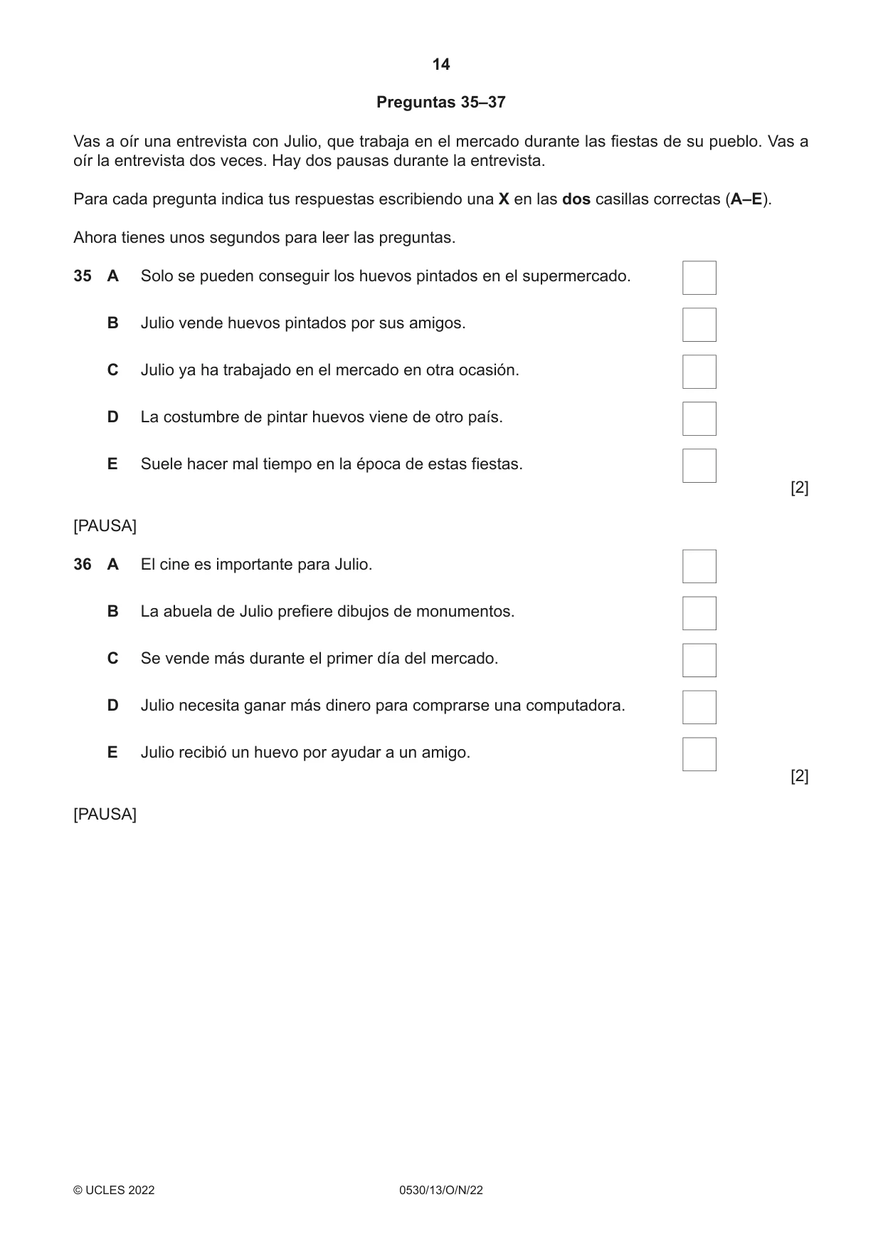 Cambridge IGCSE Spanish - Foreign Language 0530 2022 Oct/Nov Paper 1 · Variant 3 question paper, page 14 of 16