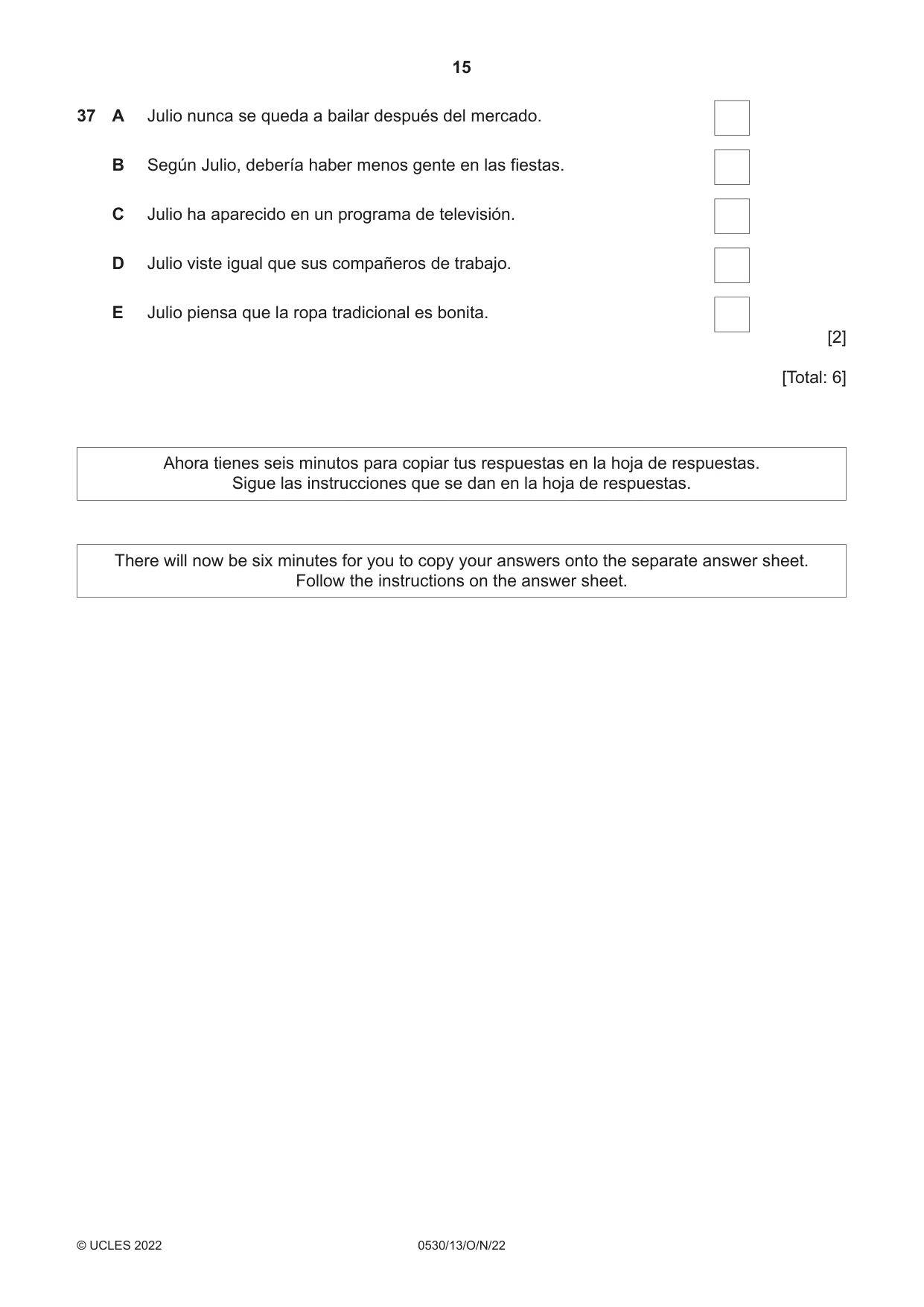 Cambridge IGCSE Spanish - Foreign Language 0530 2022 Oct/Nov Paper 1 · Variant 3 question paper, page 15 of 16