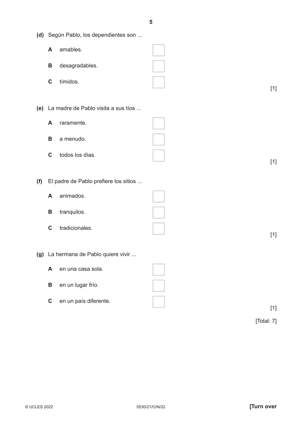 Cambridge IGCSE Spanish - Foreign Language 0530 2022 Oct/Nov Paper 2 · Variant 1 question paper, page 5 of 12