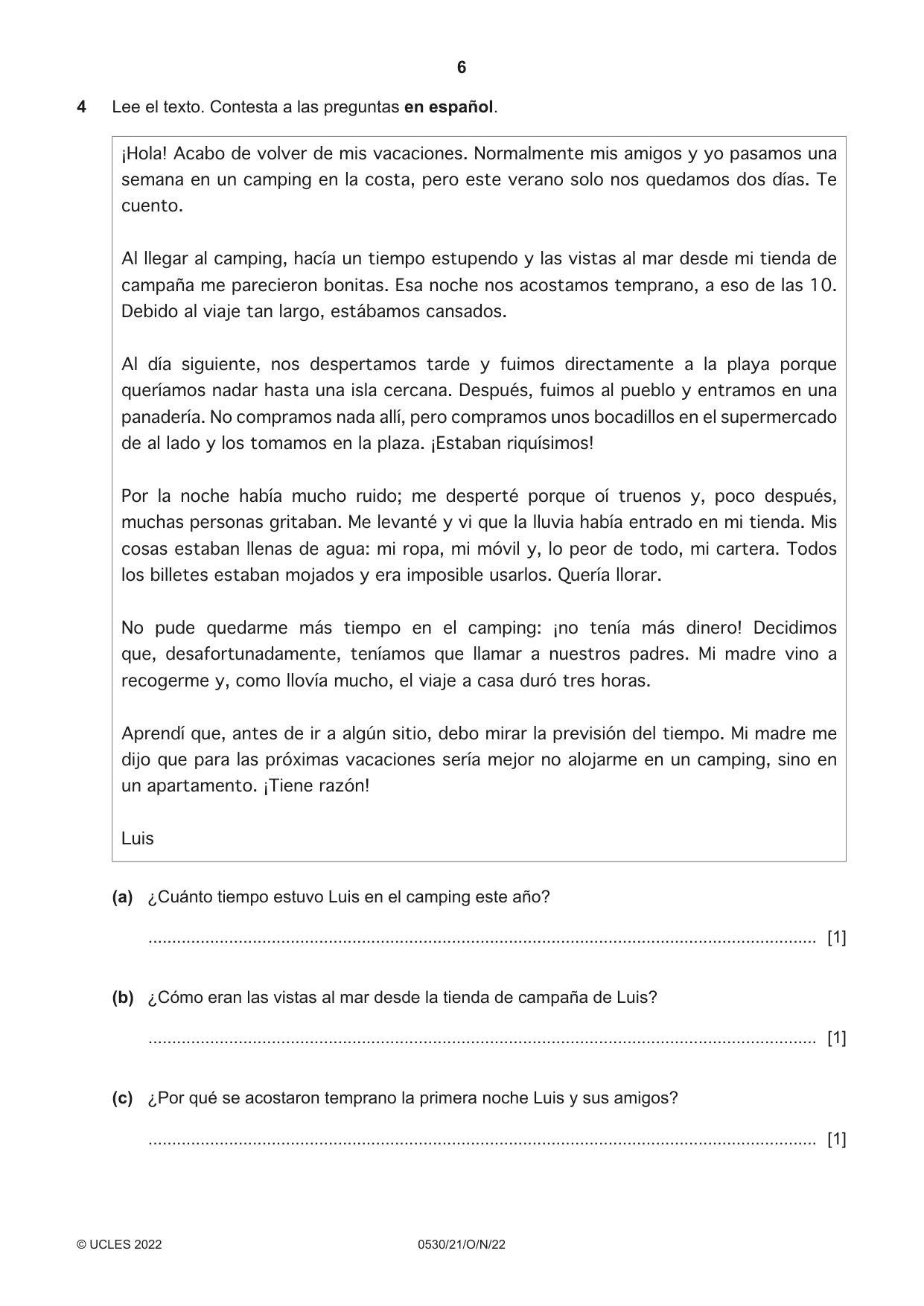 Cambridge IGCSE Spanish - Foreign Language 0530 2022 Oct/Nov Paper 2 · Variant 1 question paper, page 6 of 12