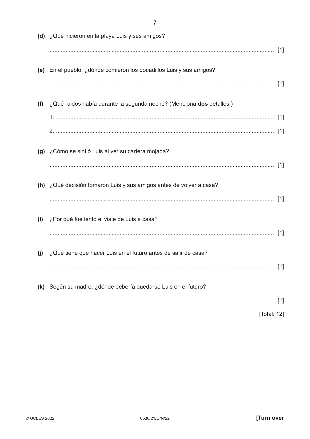 Cambridge IGCSE Spanish - Foreign Language 0530 2022 Oct/Nov Paper 2 · Variant 1 question paper, page 7 of 12