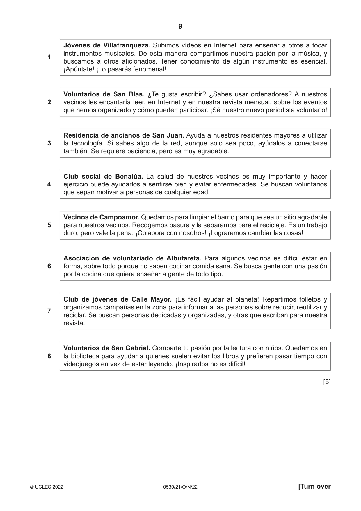 Cambridge IGCSE Spanish - Foreign Language 0530 2022 Oct/Nov Paper 2 · Variant 1 question paper, page 9 of 12