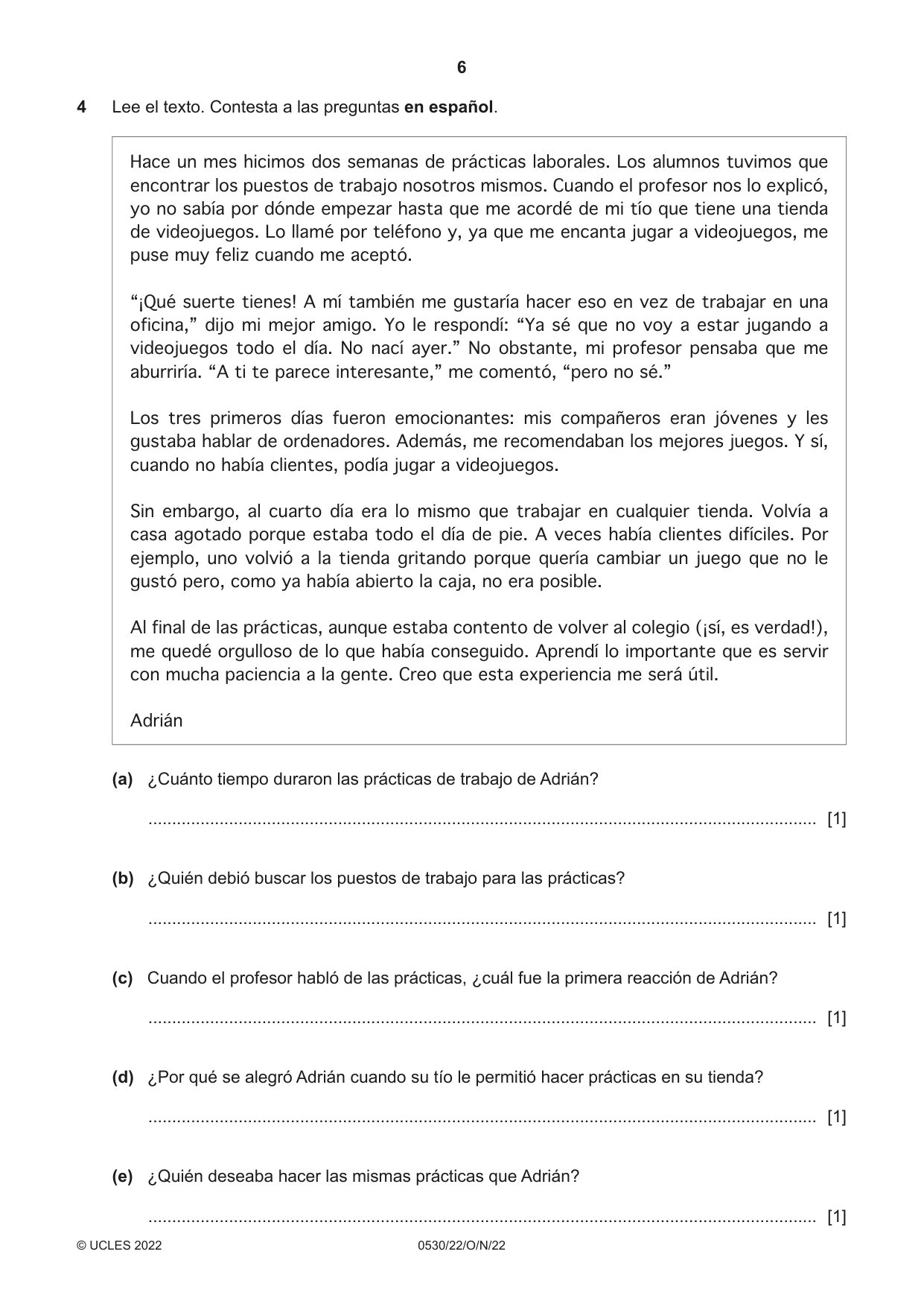 Cambridge IGCSE Spanish - Foreign Language 0530 2022 Oct/Nov Paper 2 · Variant 2 question paper, page 6 of 12