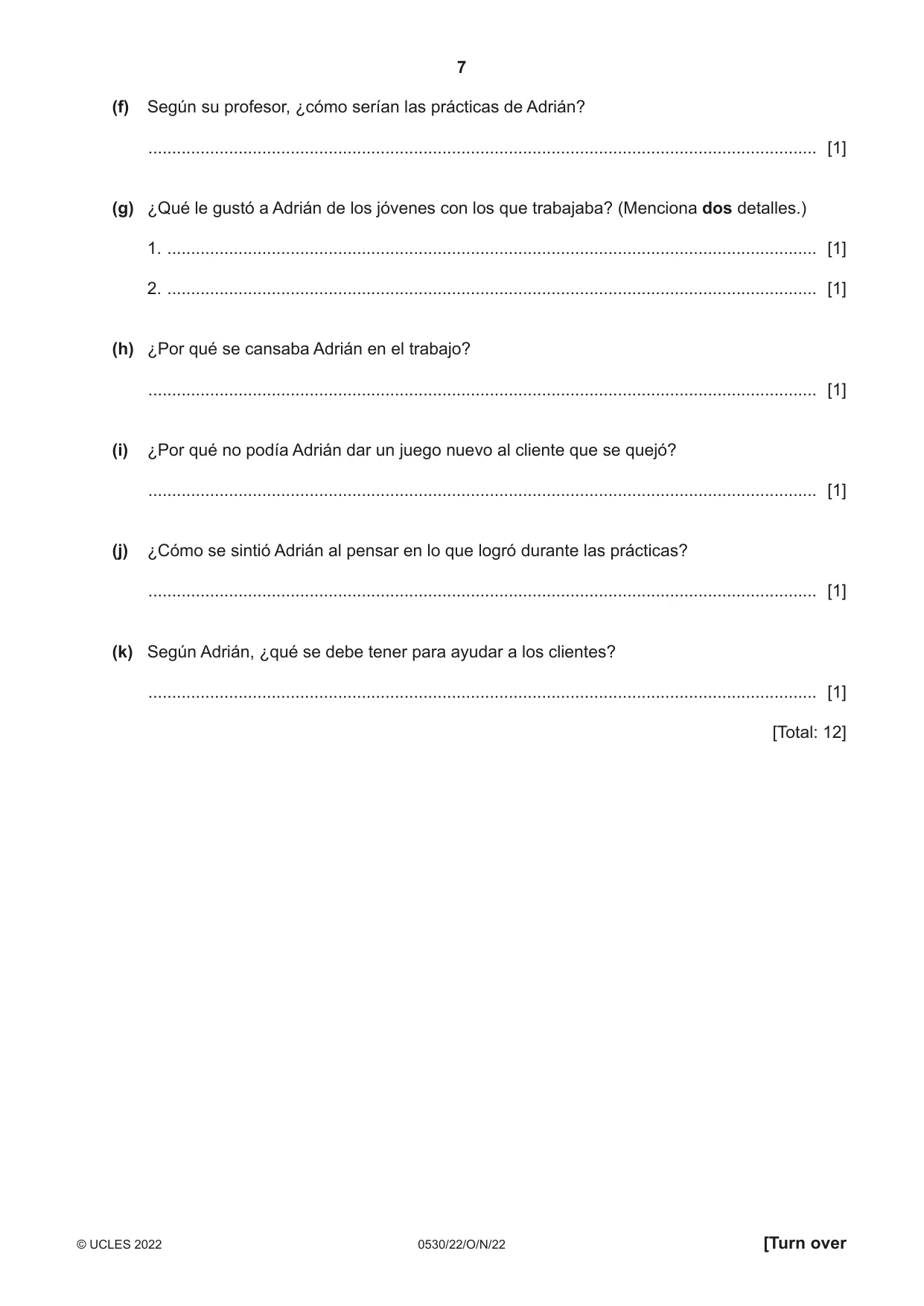 Cambridge IGCSE Spanish - Foreign Language 0530 2022 Oct/Nov Paper 2 · Variant 2 question paper, page 7 of 12