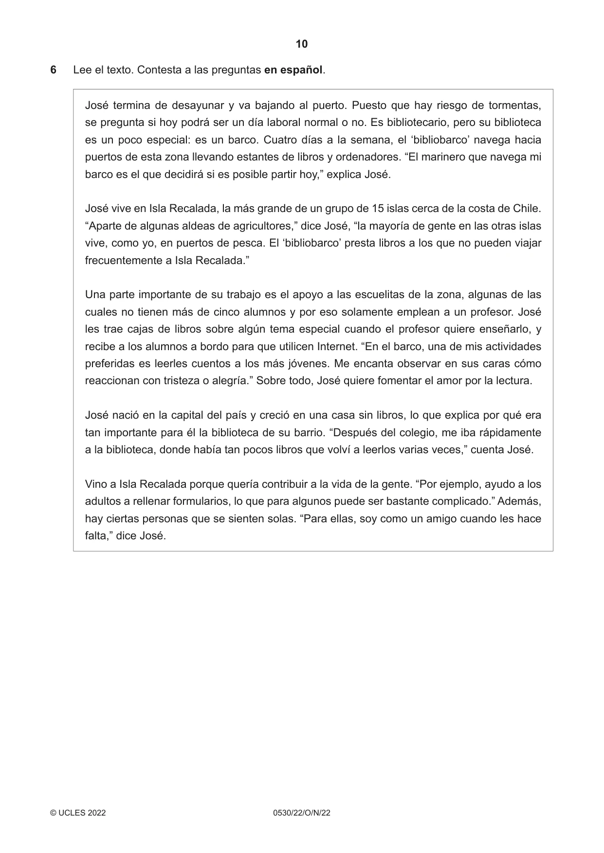 Cambridge IGCSE Spanish - Foreign Language 0530 2022 Oct/Nov Paper 2 · Variant 2 question paper, page 10 of 12