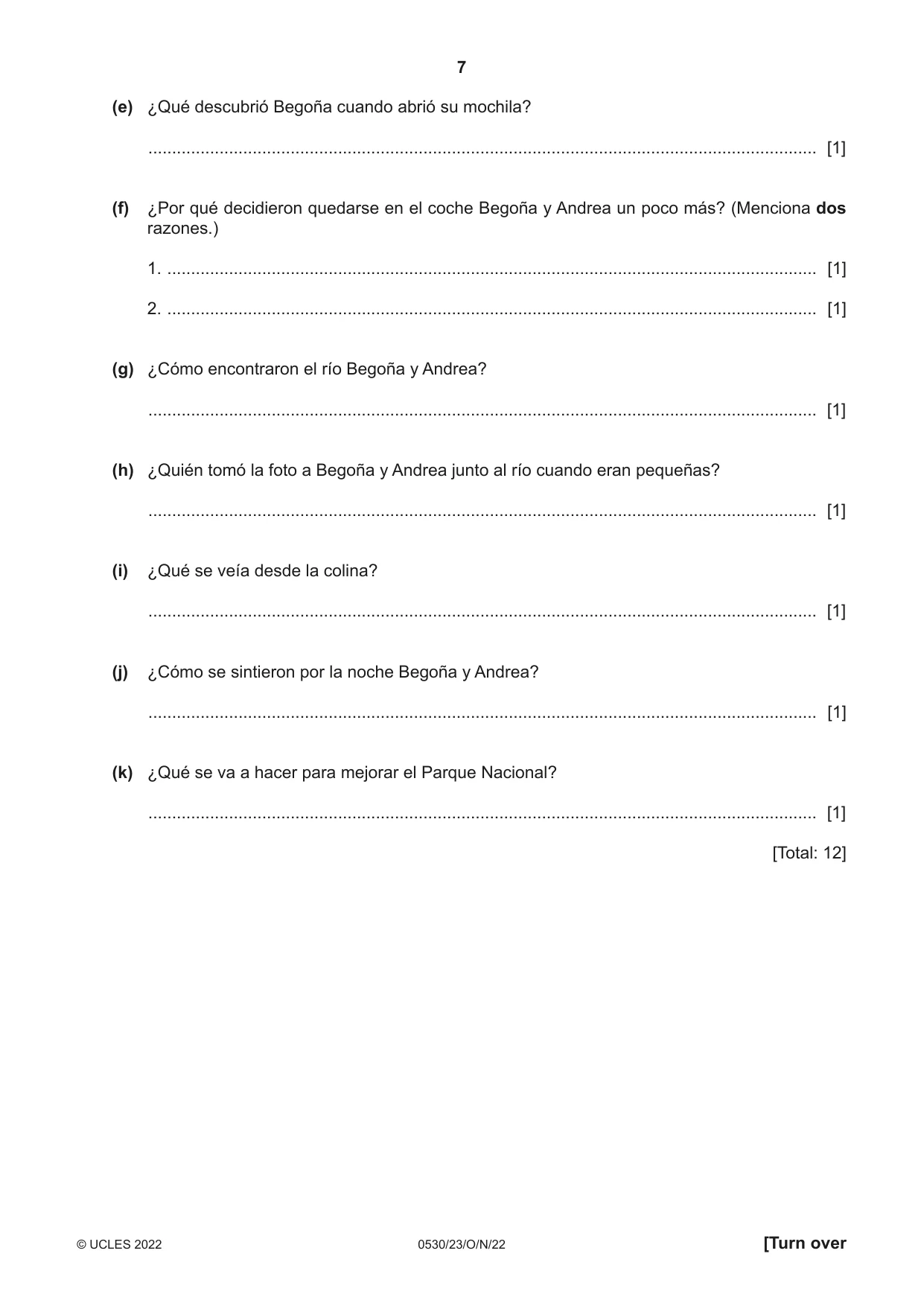 Cambridge IGCSE Spanish - Foreign Language 0530 2022 Oct/Nov Paper 2 · Variant 3 question paper, page 7 of 12