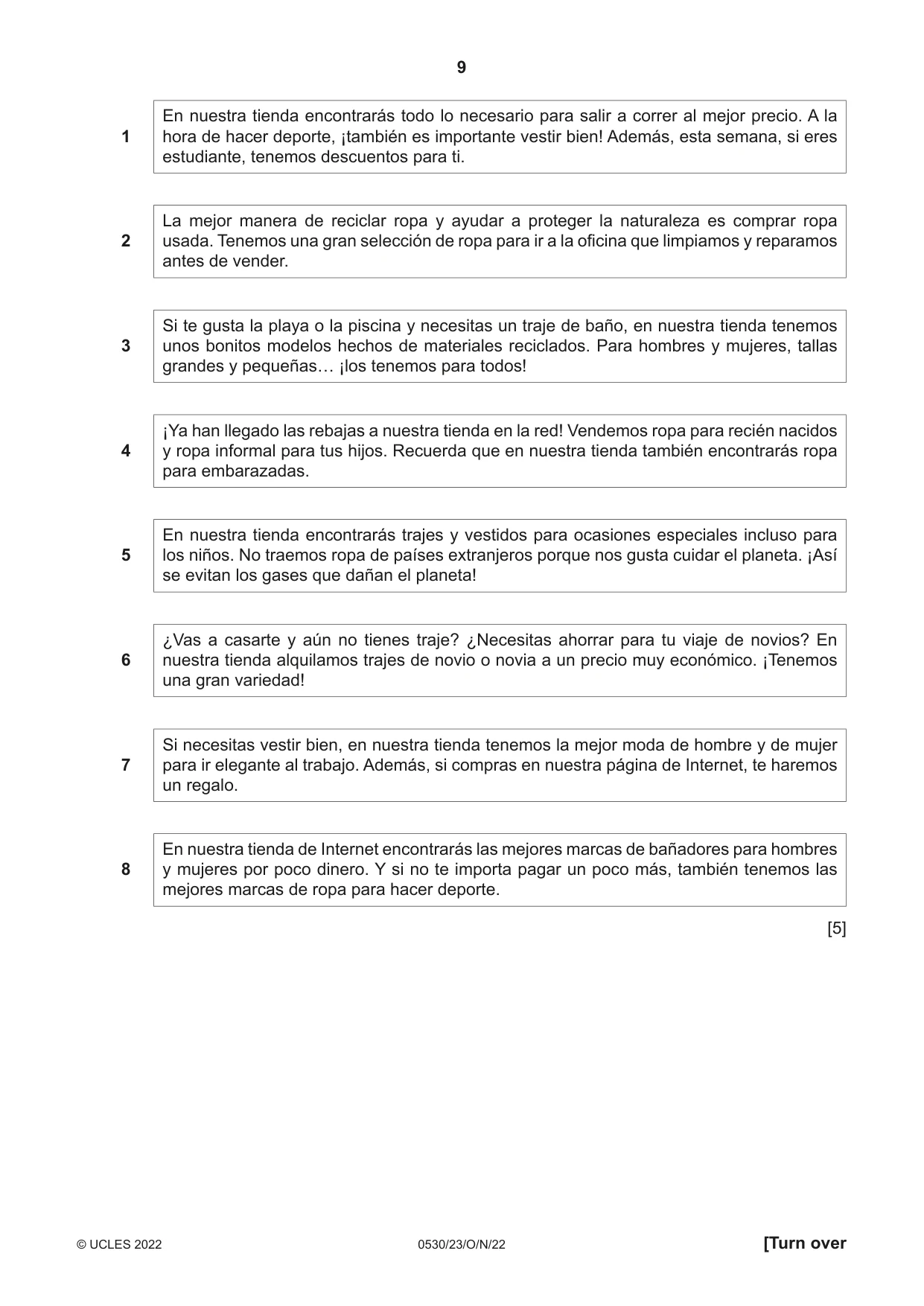 Cambridge IGCSE Spanish - Foreign Language 0530 2022 Oct/Nov Paper 2 · Variant 3 question paper, page 9 of 12