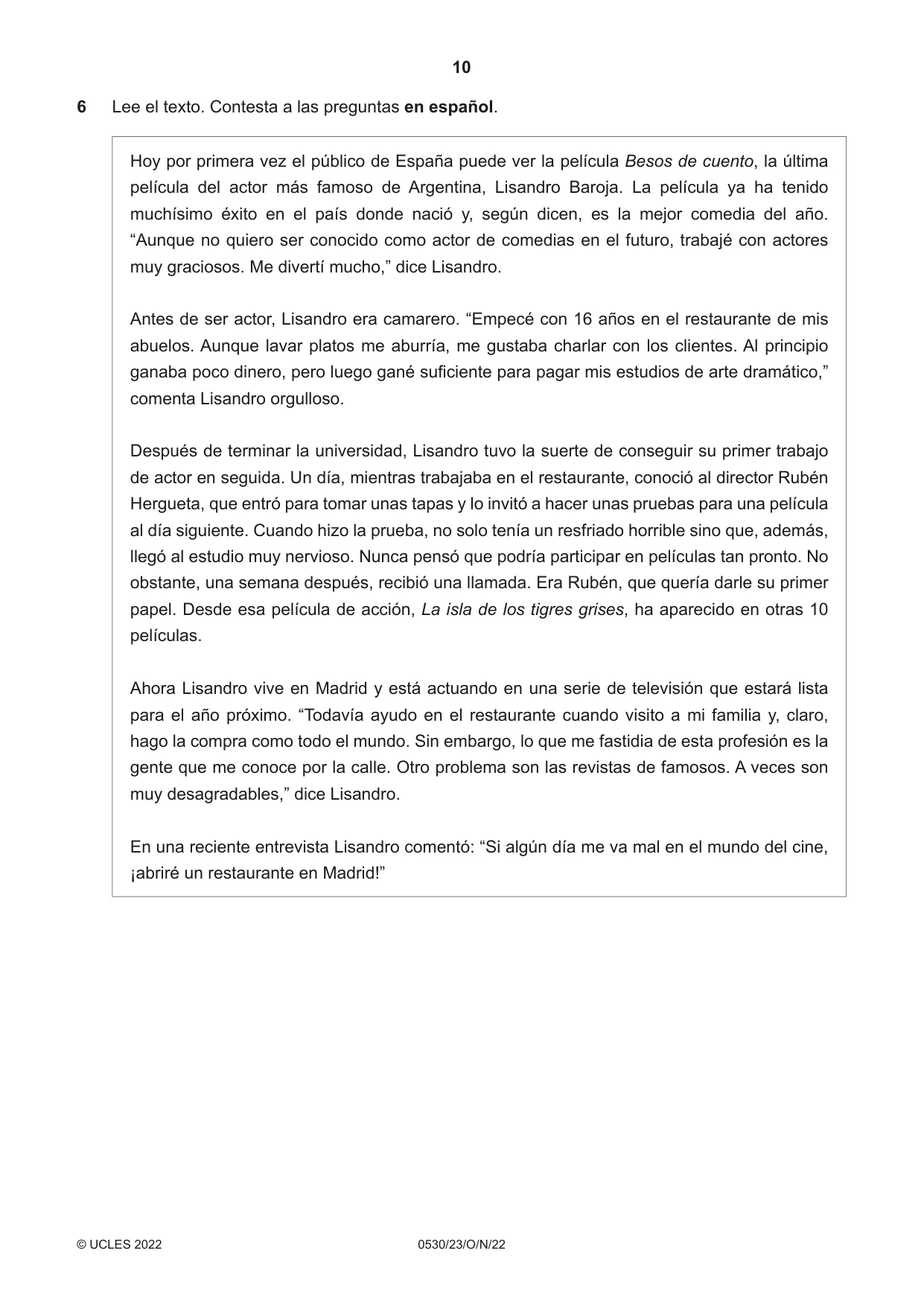 Cambridge IGCSE Spanish - Foreign Language 0530 2022 Oct/Nov Paper 2 · Variant 3 question paper, page 10 of 12