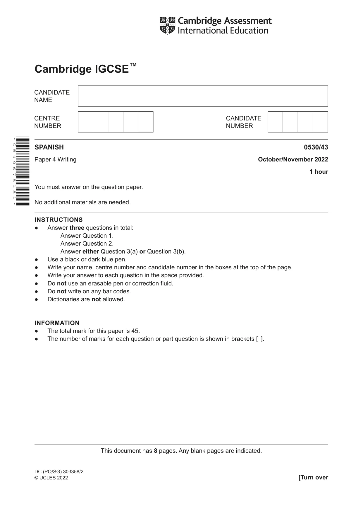 Cambridge IGCSE Spanish - Foreign Language 0530 2022 Oct/Nov Paper 4 · Variant 3 question paper, page 1 of 8