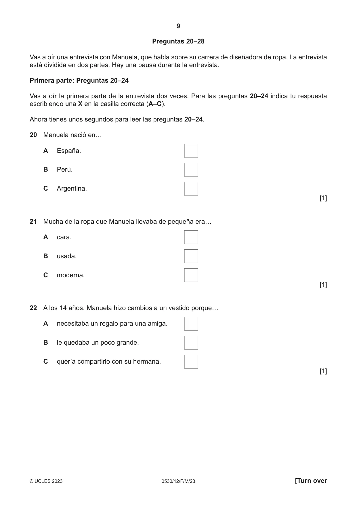 Cambridge IGCSE Spanish - Foreign Language 0530 2023 Feb/March Paper 1 · Variant 2 question paper, page 9 of 16