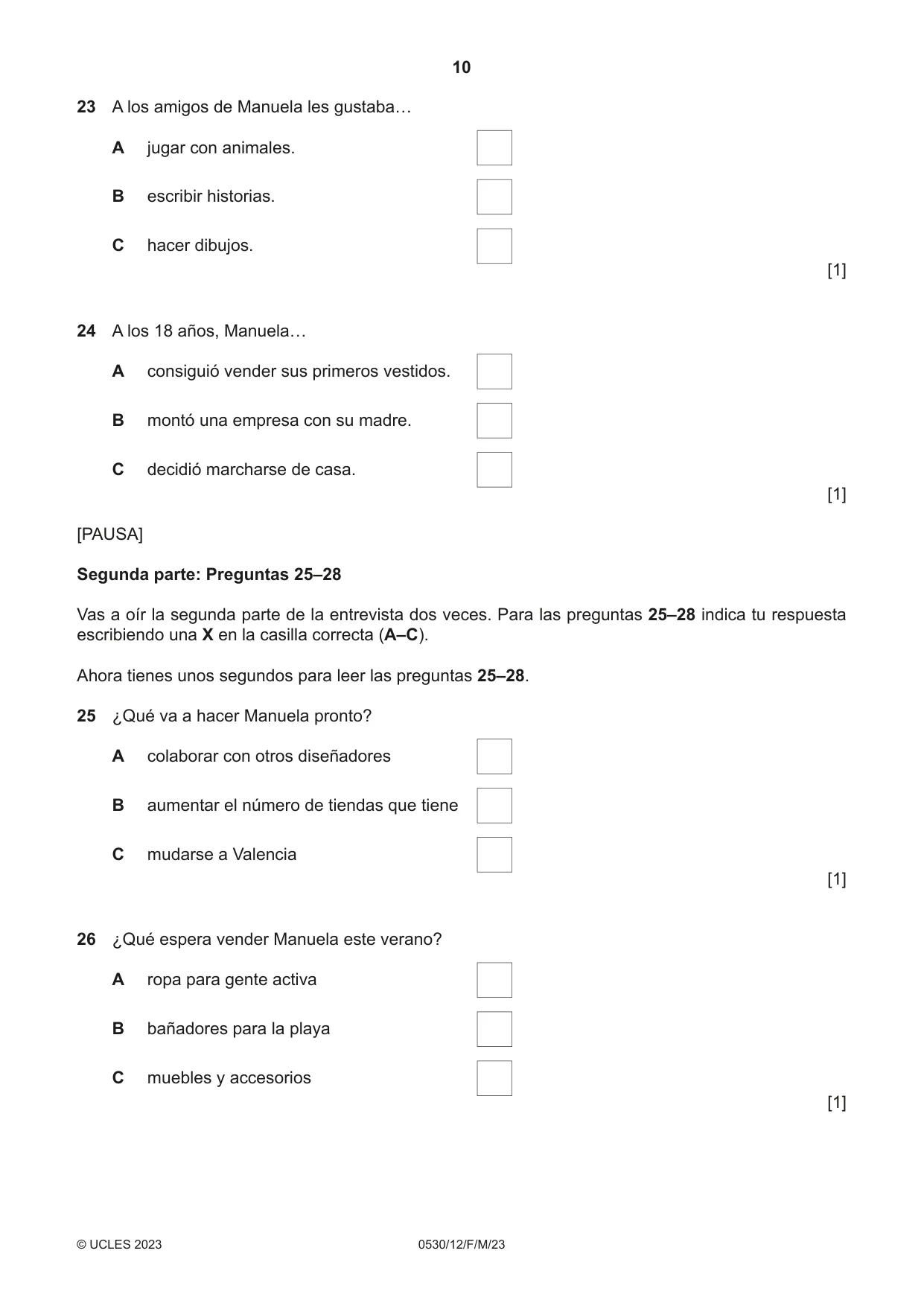 Cambridge IGCSE Spanish - Foreign Language 0530 2023 Feb/March Paper 1 · Variant 2 question paper, page 10 of 16