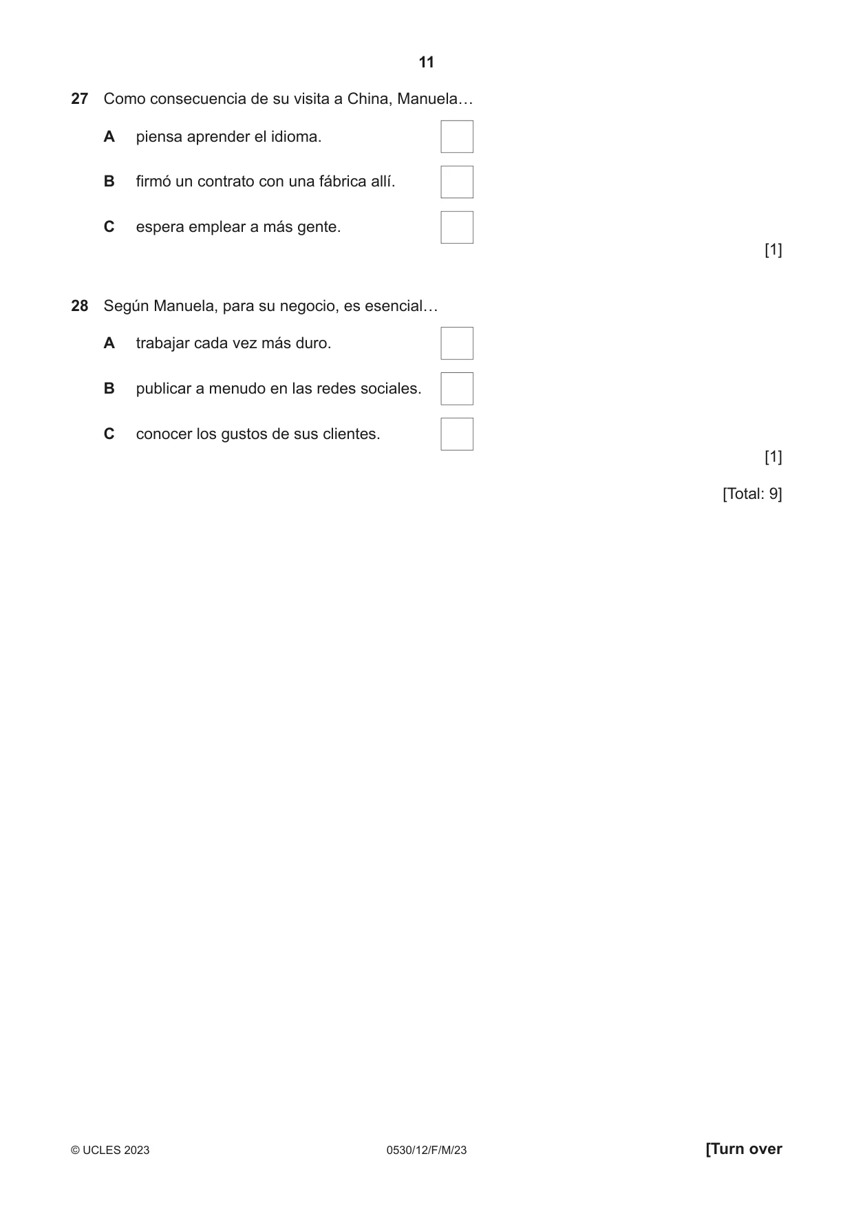 Cambridge IGCSE Spanish - Foreign Language 0530 2023 Feb/March Paper 1 · Variant 2 question paper, page 11 of 16