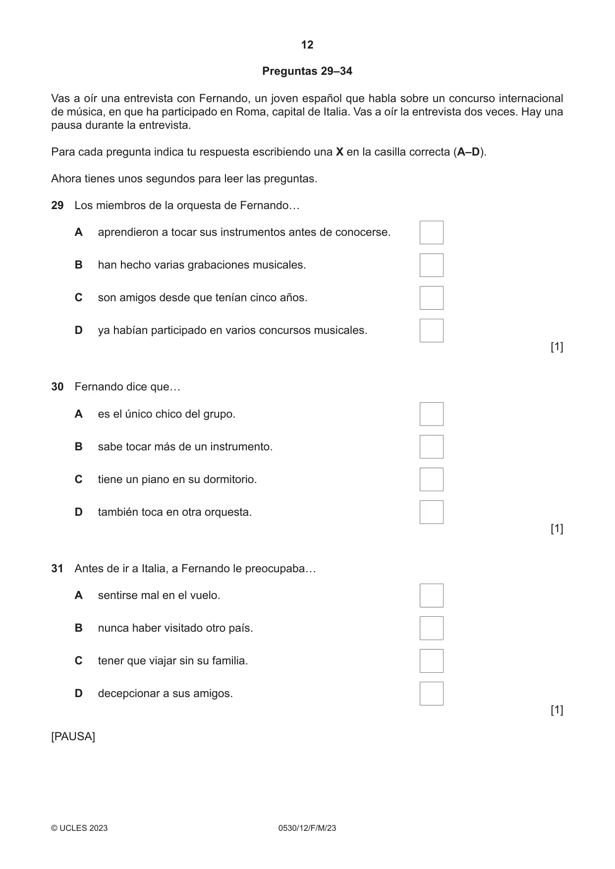 Cambridge IGCSE Spanish - Foreign Language 0530 2023 Feb/March Paper 1 · Variant 2 question paper, page 12 of 16