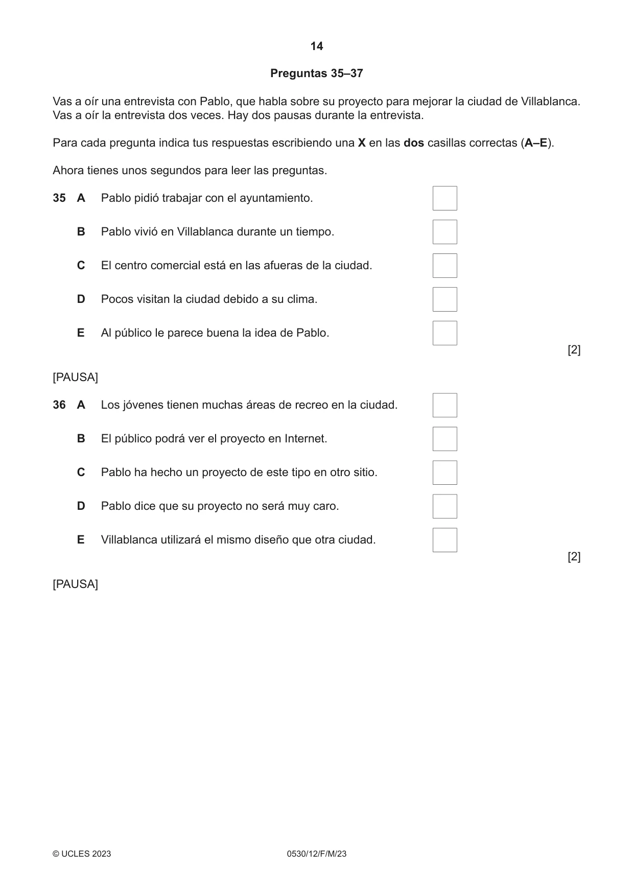 Cambridge IGCSE Spanish - Foreign Language 0530 2023 Feb/March Paper 1 · Variant 2 question paper, page 14 of 16