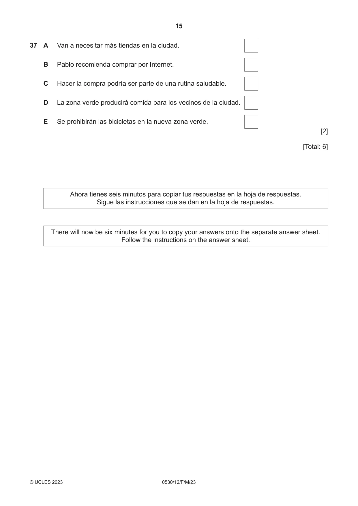 Cambridge IGCSE Spanish - Foreign Language 0530 2023 Feb/March Paper 1 · Variant 2 question paper, page 15 of 16