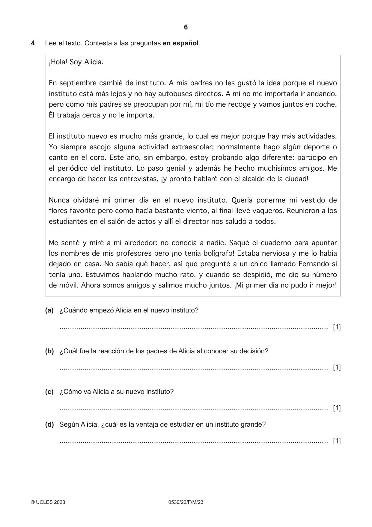 Cambridge IGCSE Spanish - Foreign Language 0530 2023 Feb/March Paper 2 · Variant 2 question paper, page 6 of 12