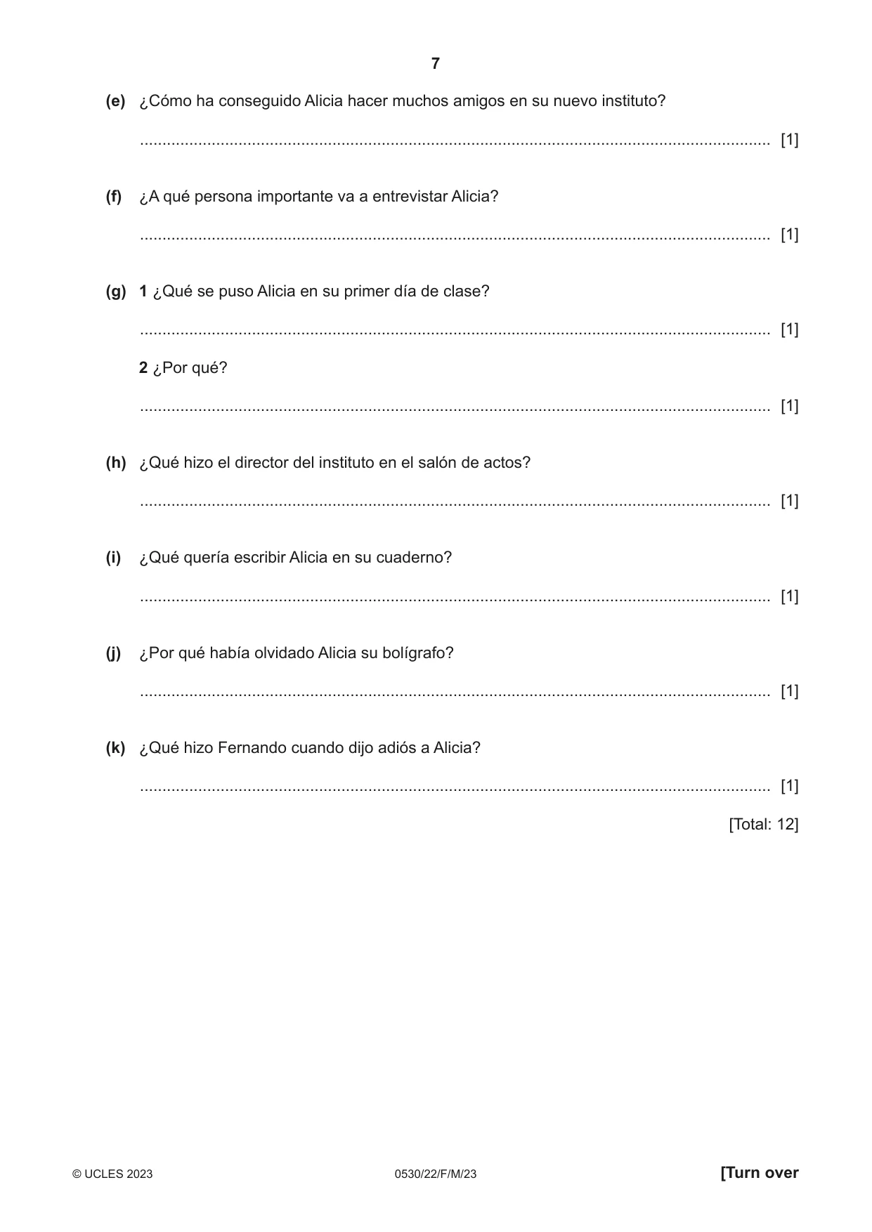 Cambridge IGCSE Spanish - Foreign Language 0530 2023 Feb/March Paper 2 · Variant 2 question paper, page 7 of 12