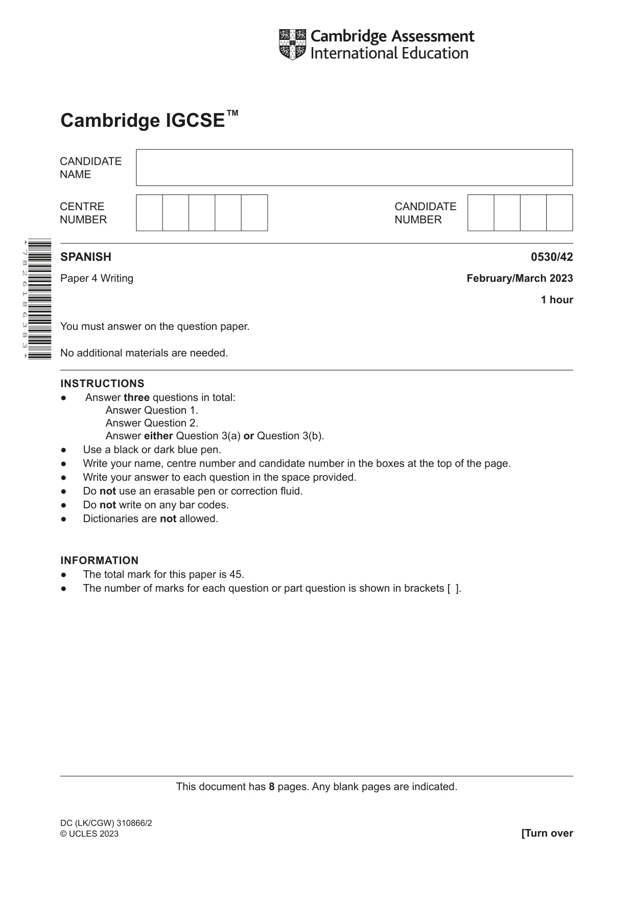 Cambridge IGCSE Spanish - Foreign Language 0530 2023 Feb/March Paper 4 · Variant 2 question paper, page 1 of 8