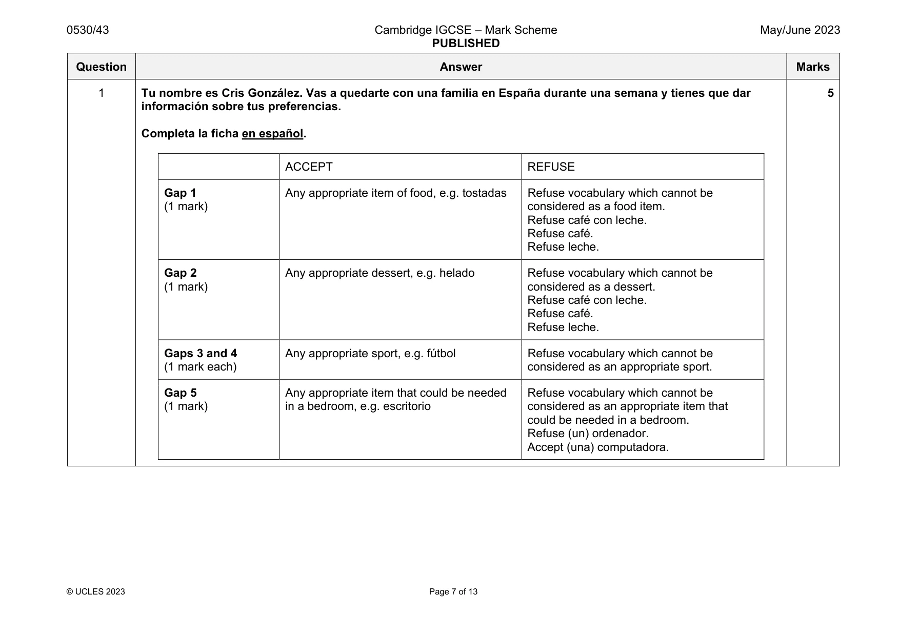 Mark scheme, page 7 of 13