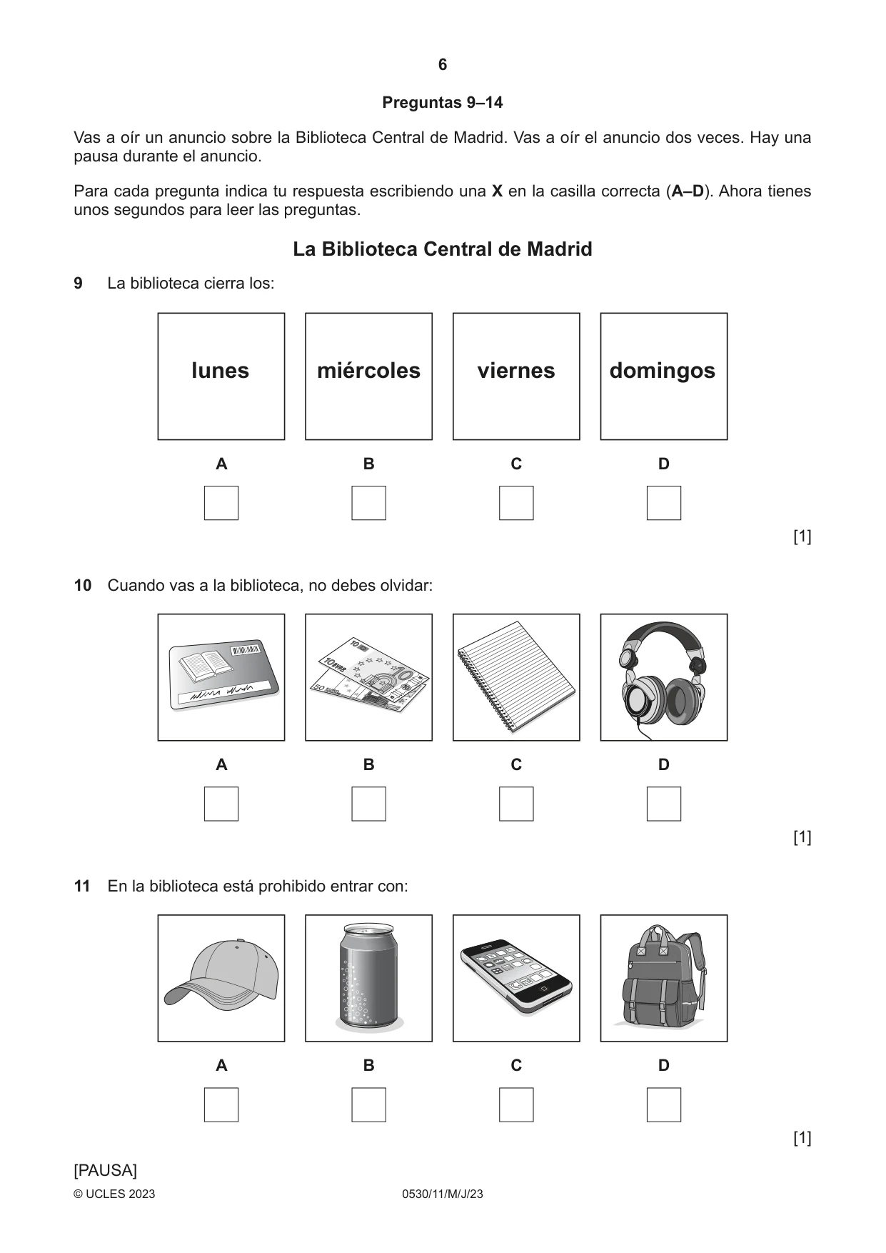 Cambridge IGCSE Spanish - Foreign Language 0530 2023 May/June Paper 1 · Variant 1 question paper, page 6 of 16